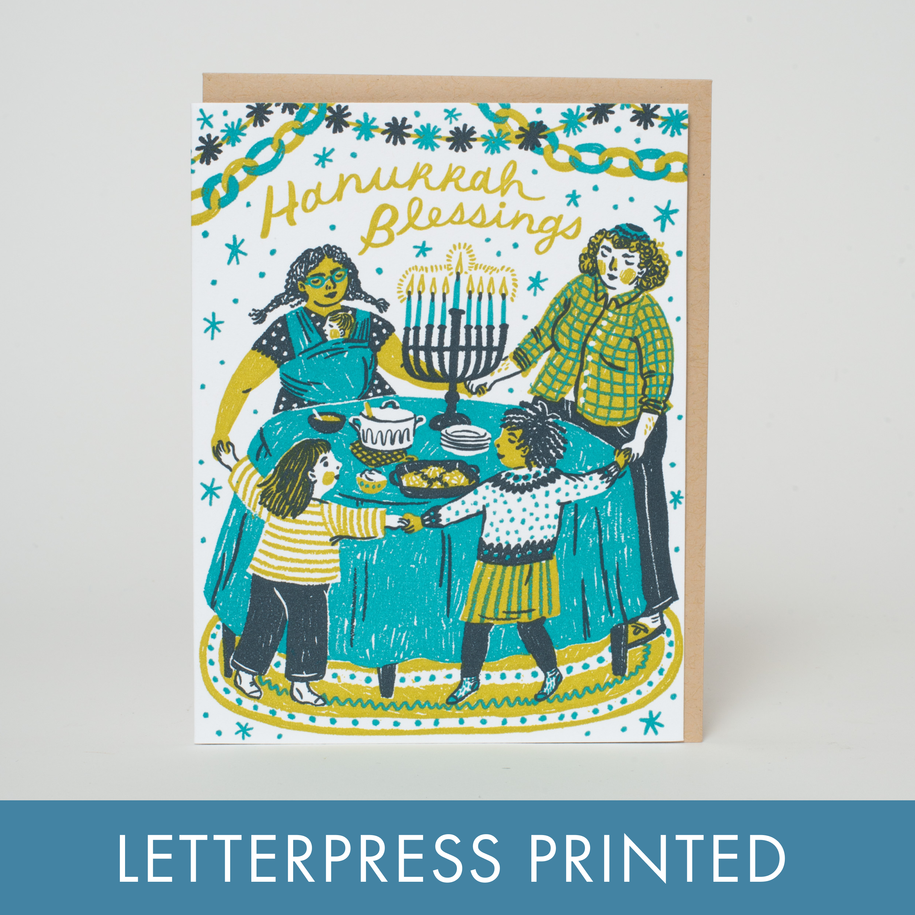 Hanukkah Blessings Letterpress Greeting Card by Phoebe Wahl: Plastic sleeve