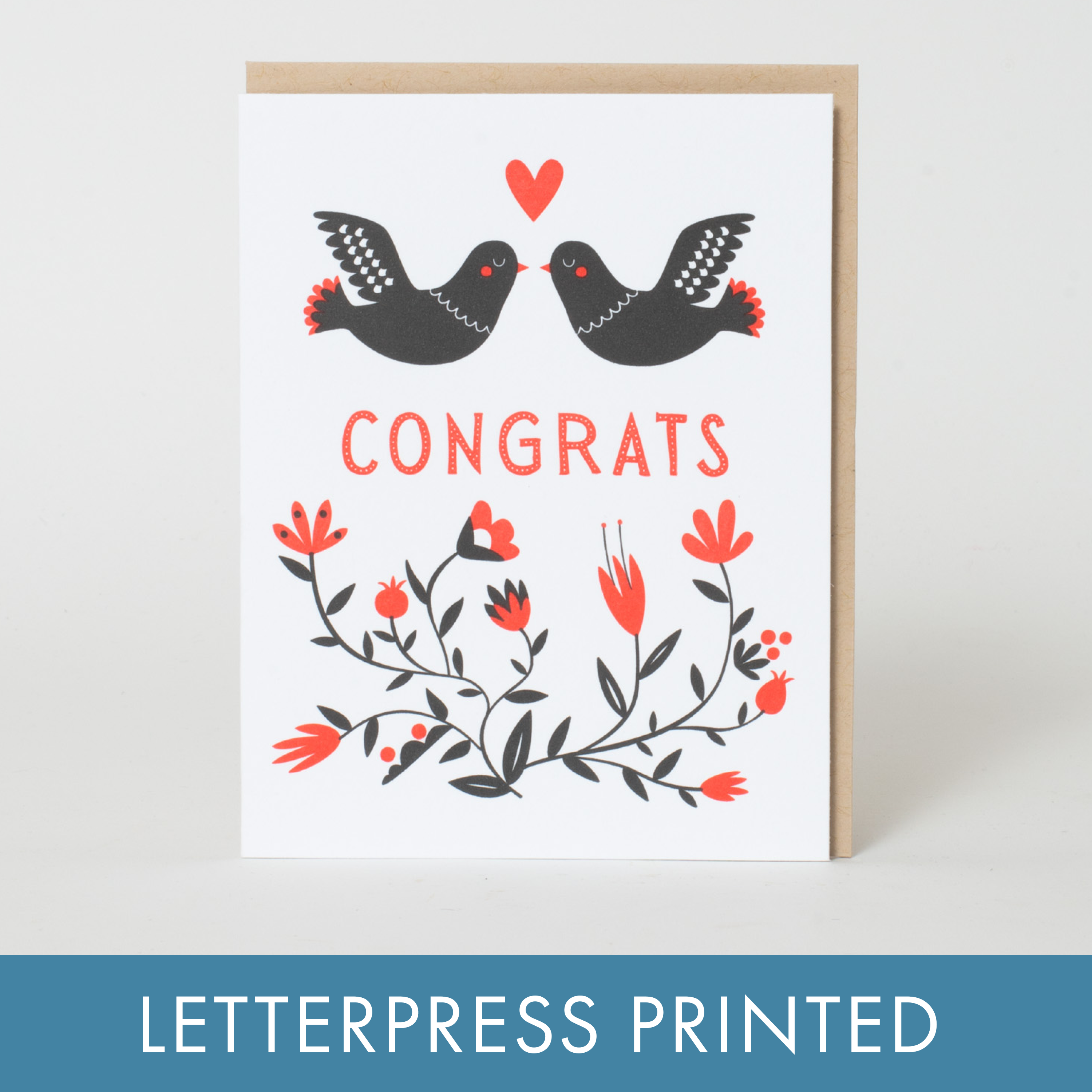 Congrats Doves Letterpress Greeting Card by Fugu Fugu: Plastic sleeve