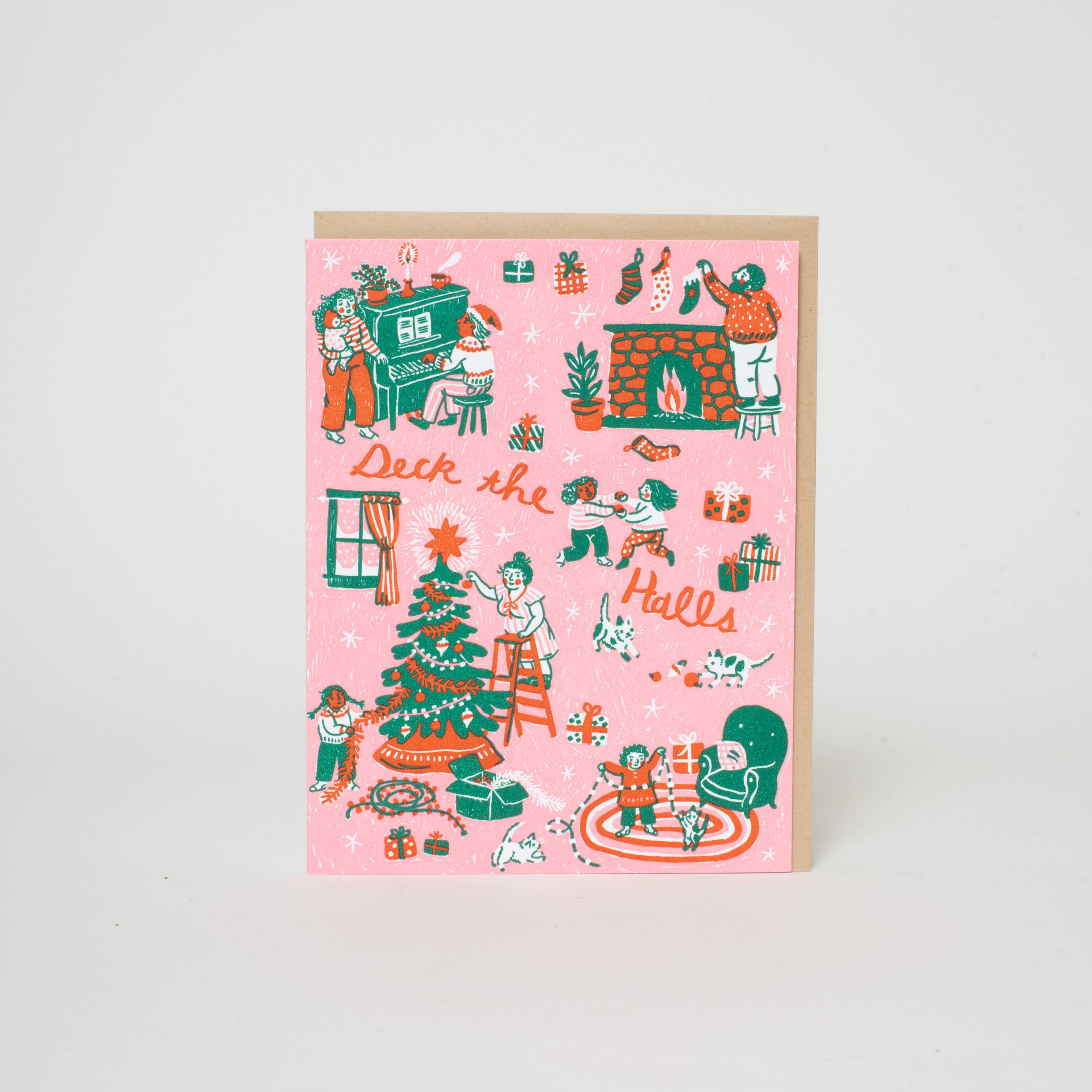 Deck The Halls Christmas Letterpress Greeting Card by Phoebe Wahl: Plastic sleeve