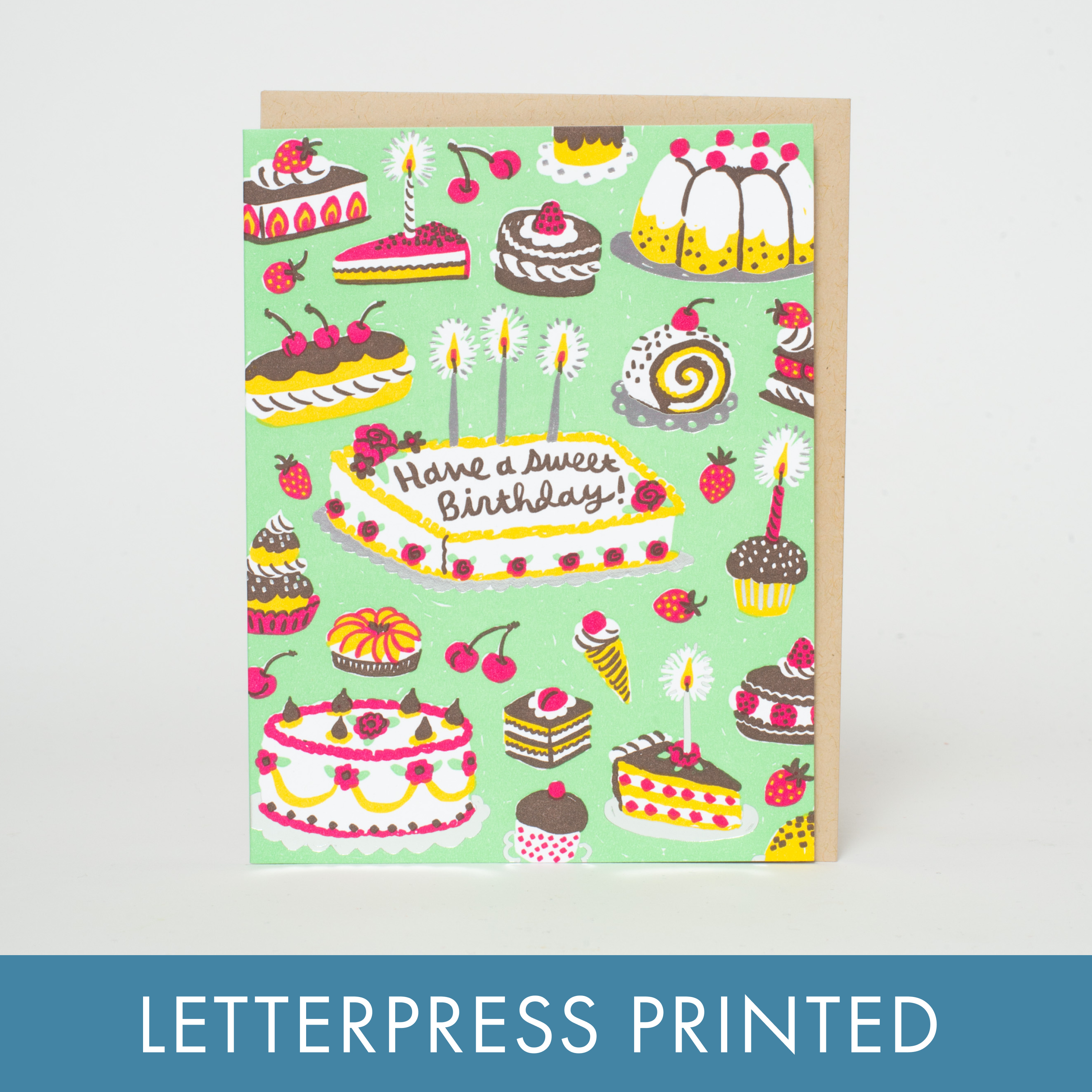 Birthday Sweets Spread Letterpress Greeting Card by Phoebe Wahl: Plastic sleeve
