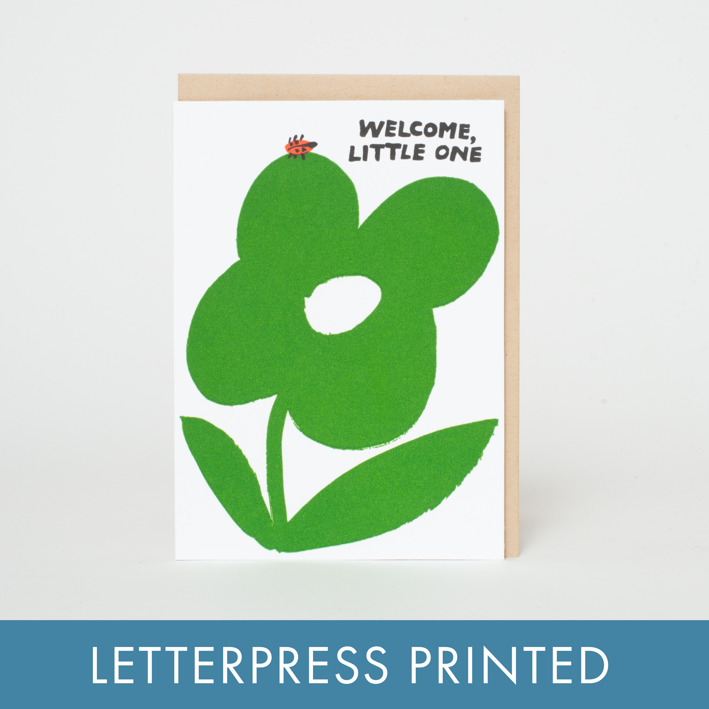 Welcome Baby Ladybug Letterpress Greeting Card by Egg Press: Plastic sleeve