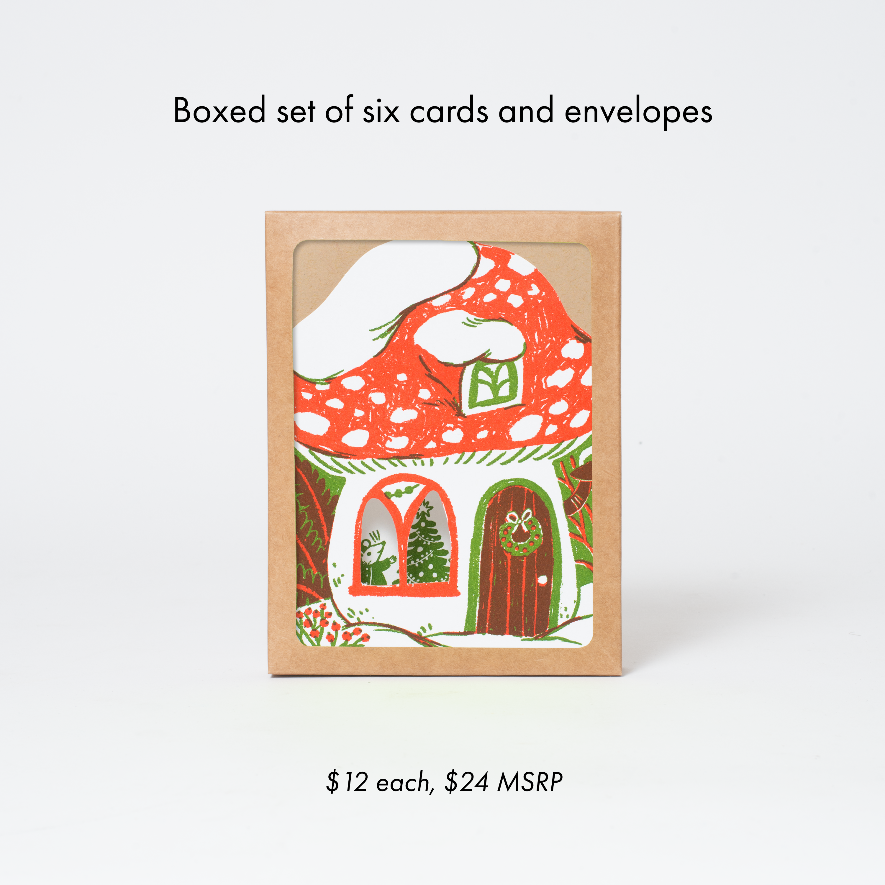 Merry Mushroom House Letterpress Holiday Greeting Card by Phoebe Wahl: Plastic sleeve