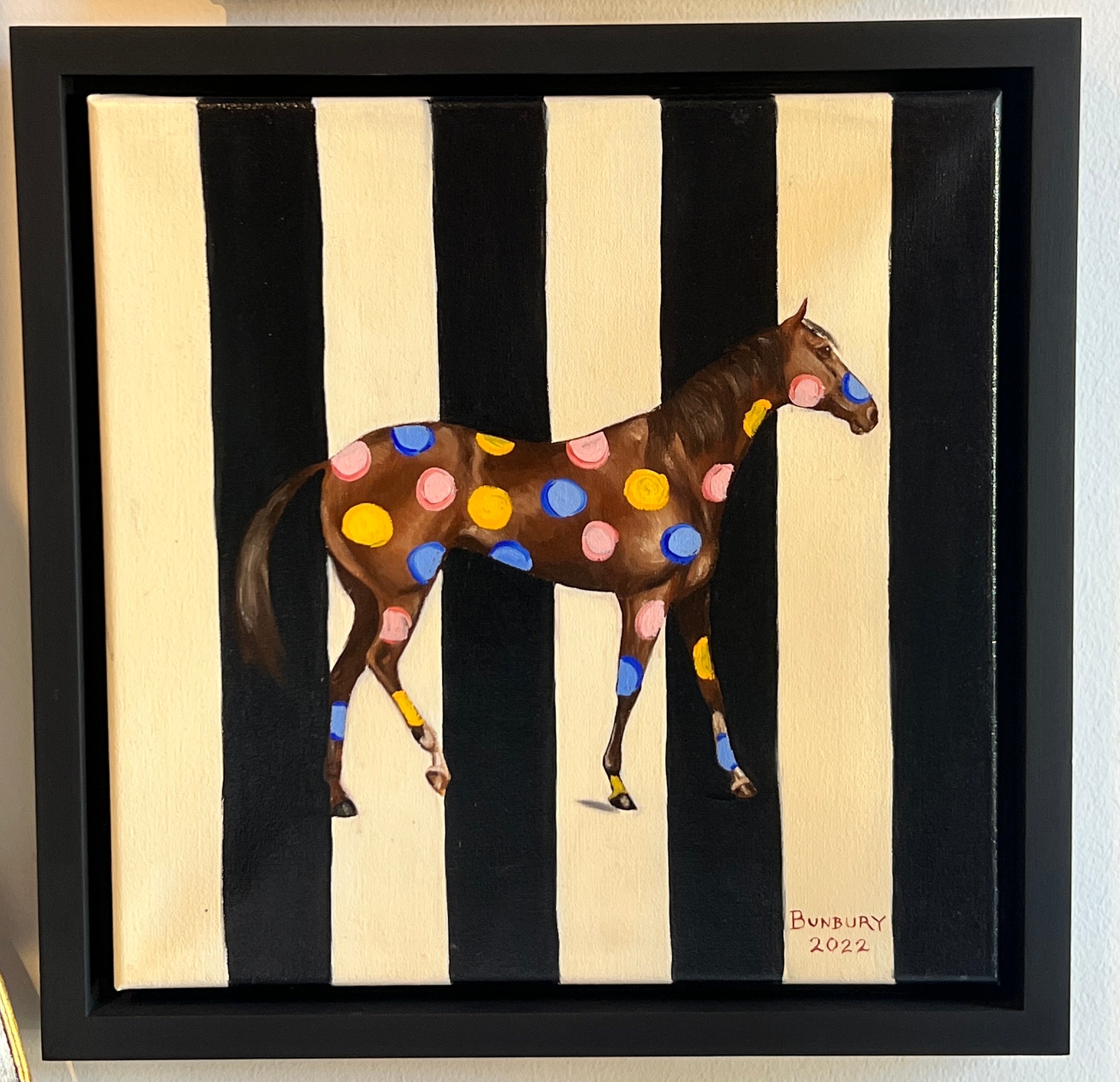 Spotty Horse custom horse painting - multicolor dots and black stripes