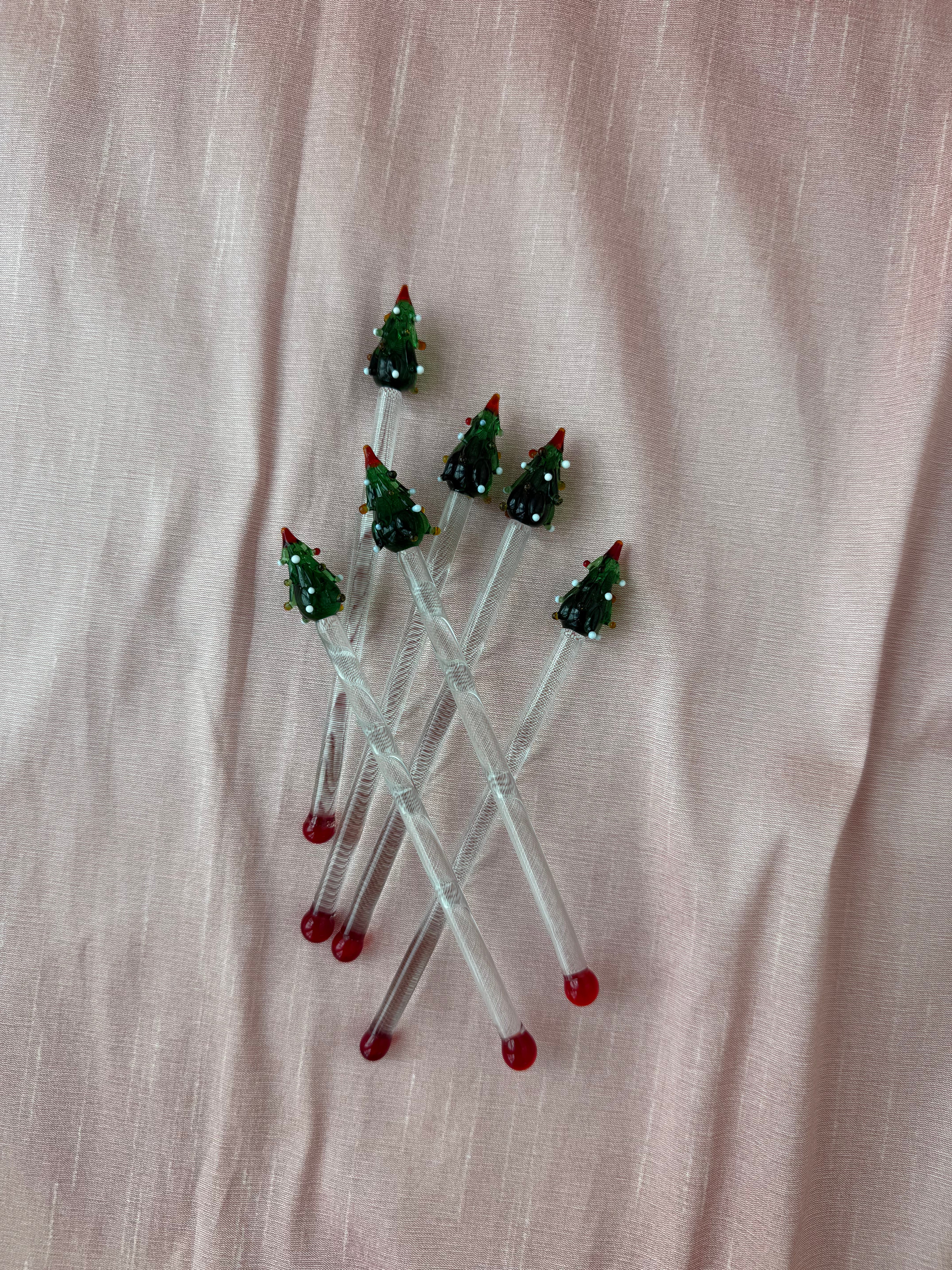 Blown Glass Christmas Tree Cocktail Stirrers - Set of 6