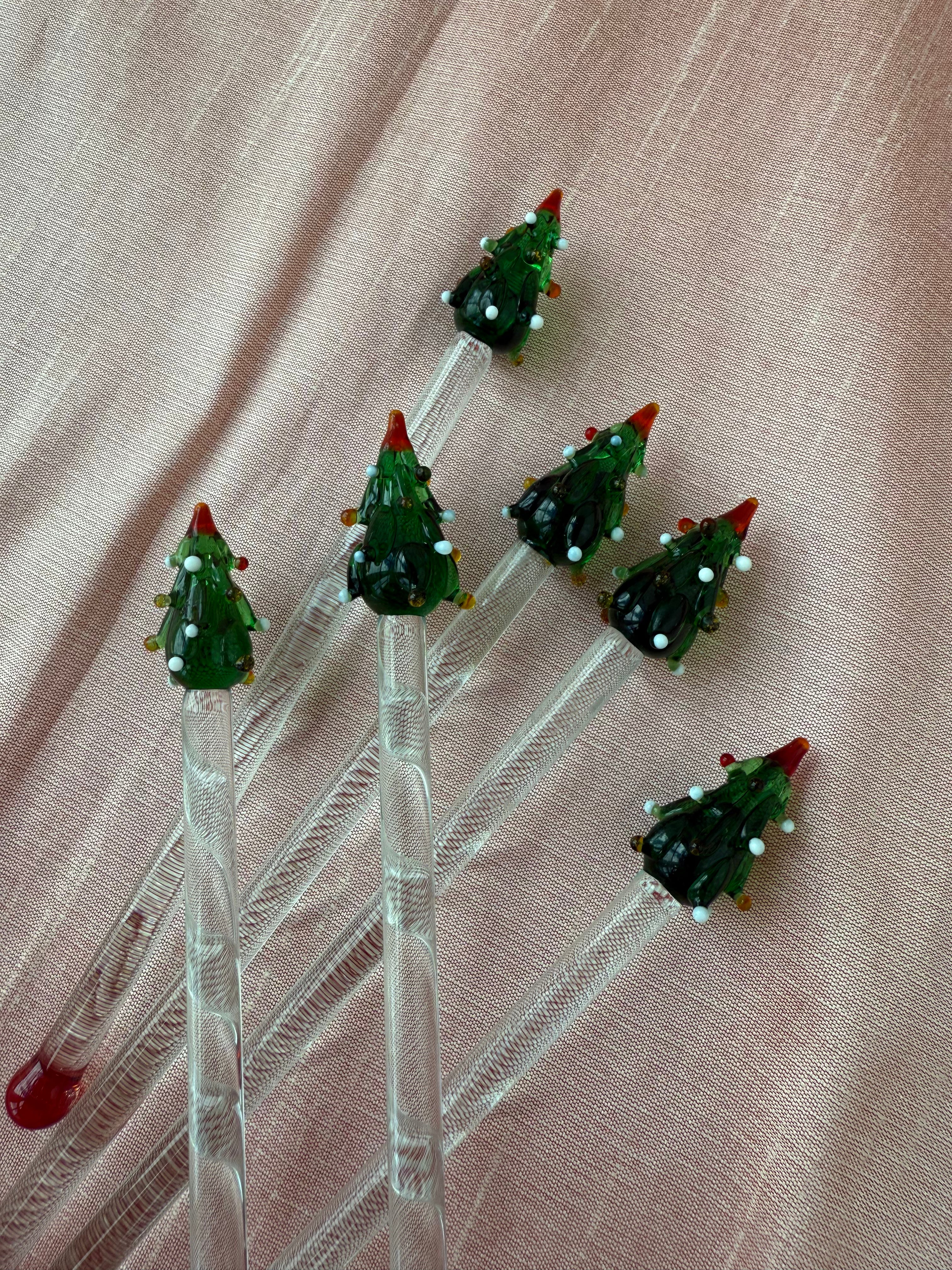 Blown Glass Christmas Tree Cocktail Stirrers - Set of 6