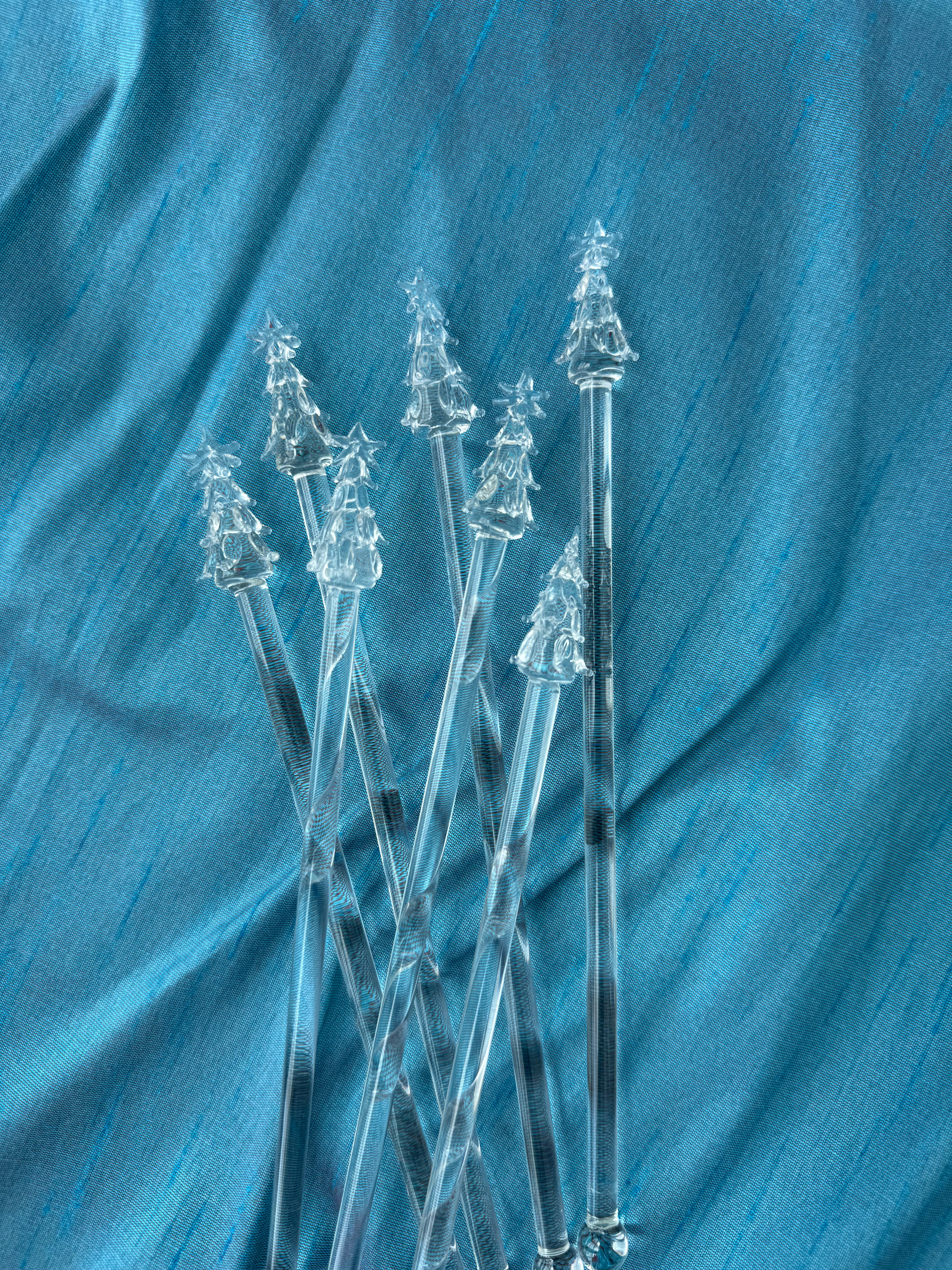 Blown Glass Clear Christmas Tree Cocktail Stirrers - Set of 7