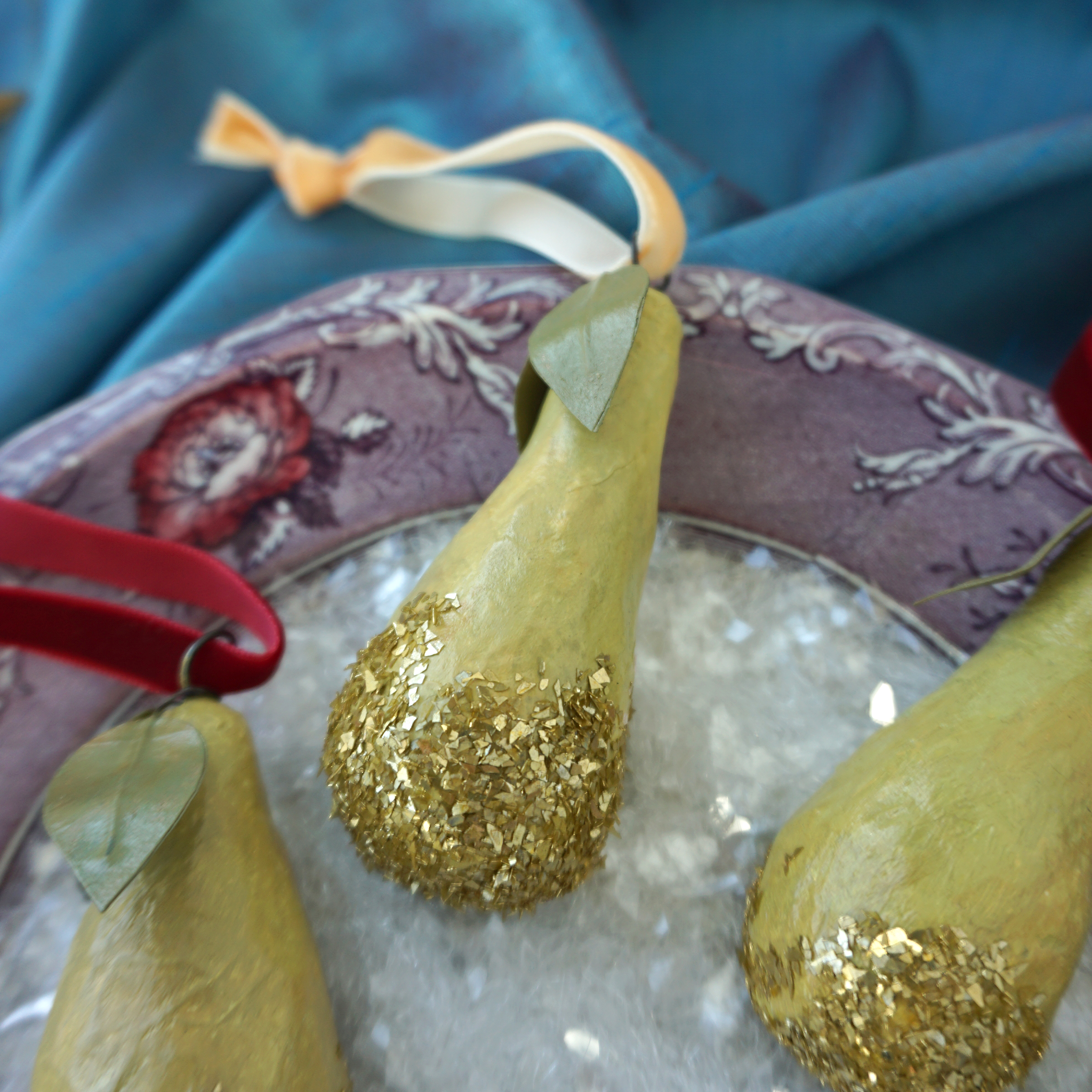 Paper Mache Pear- Green and Gold