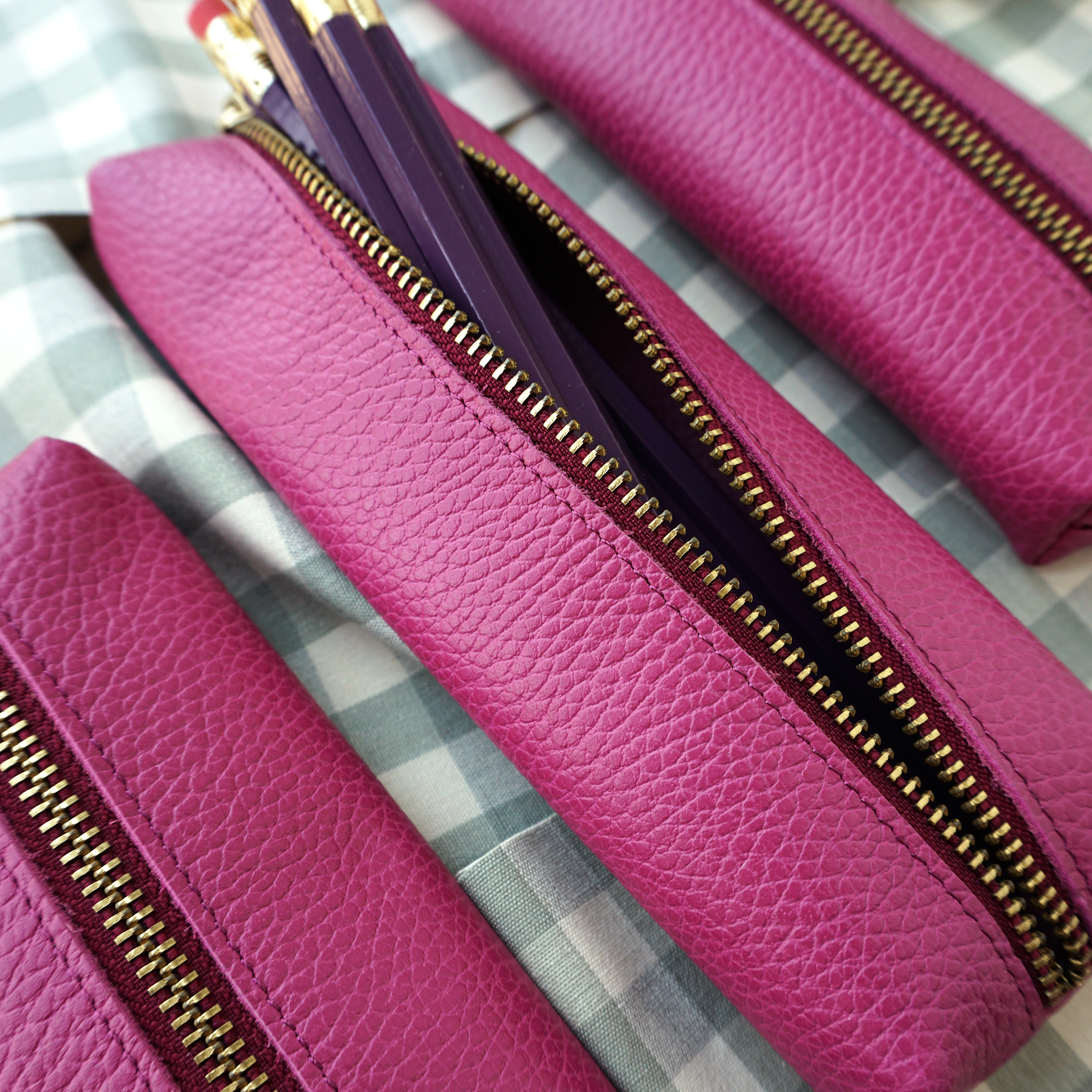 Genuine Pebble Leather Pencil Pouch - Hot Pink