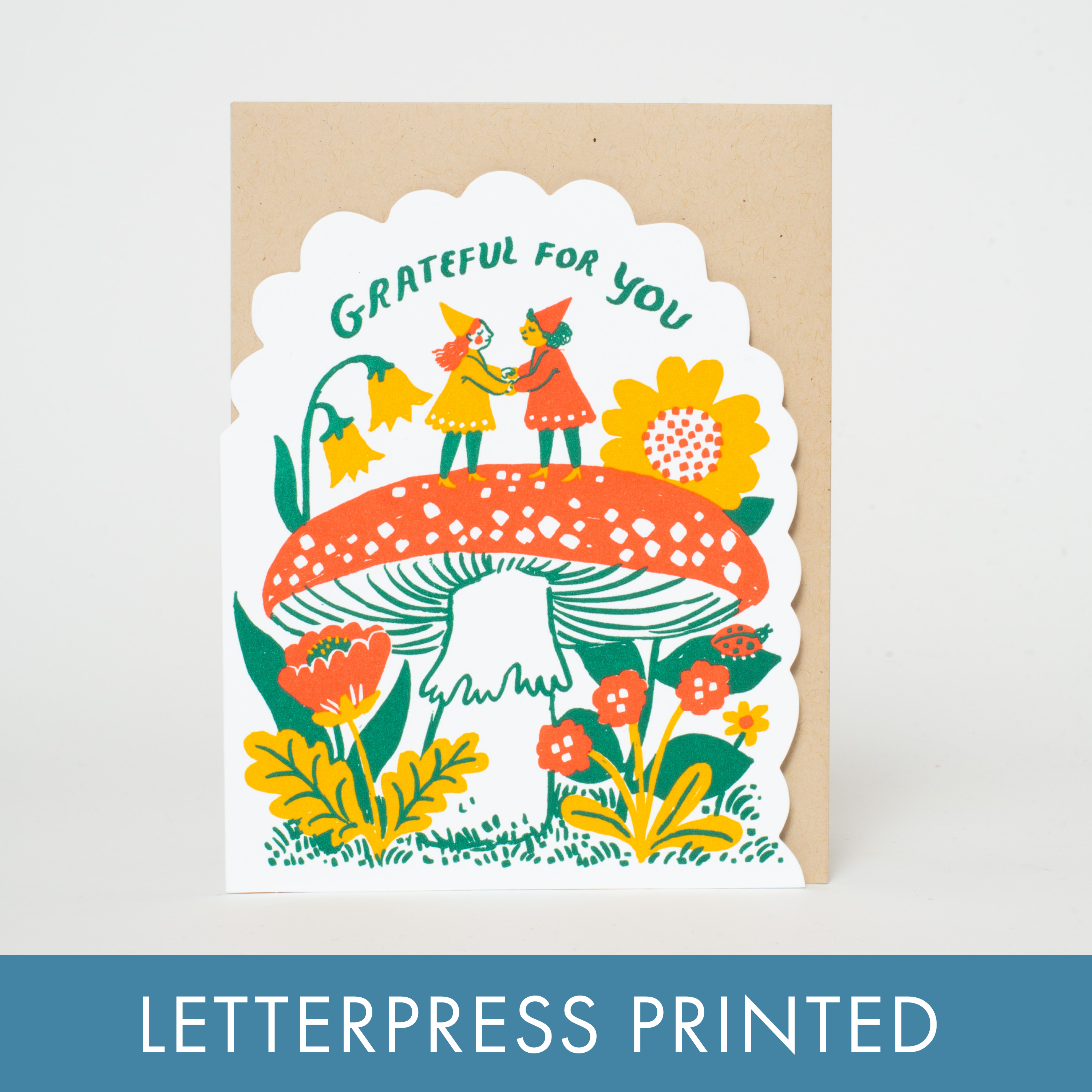 Grateful Gnomes Letterpress Greeting Card by Phoebe Wahl: Plastic sleeve
