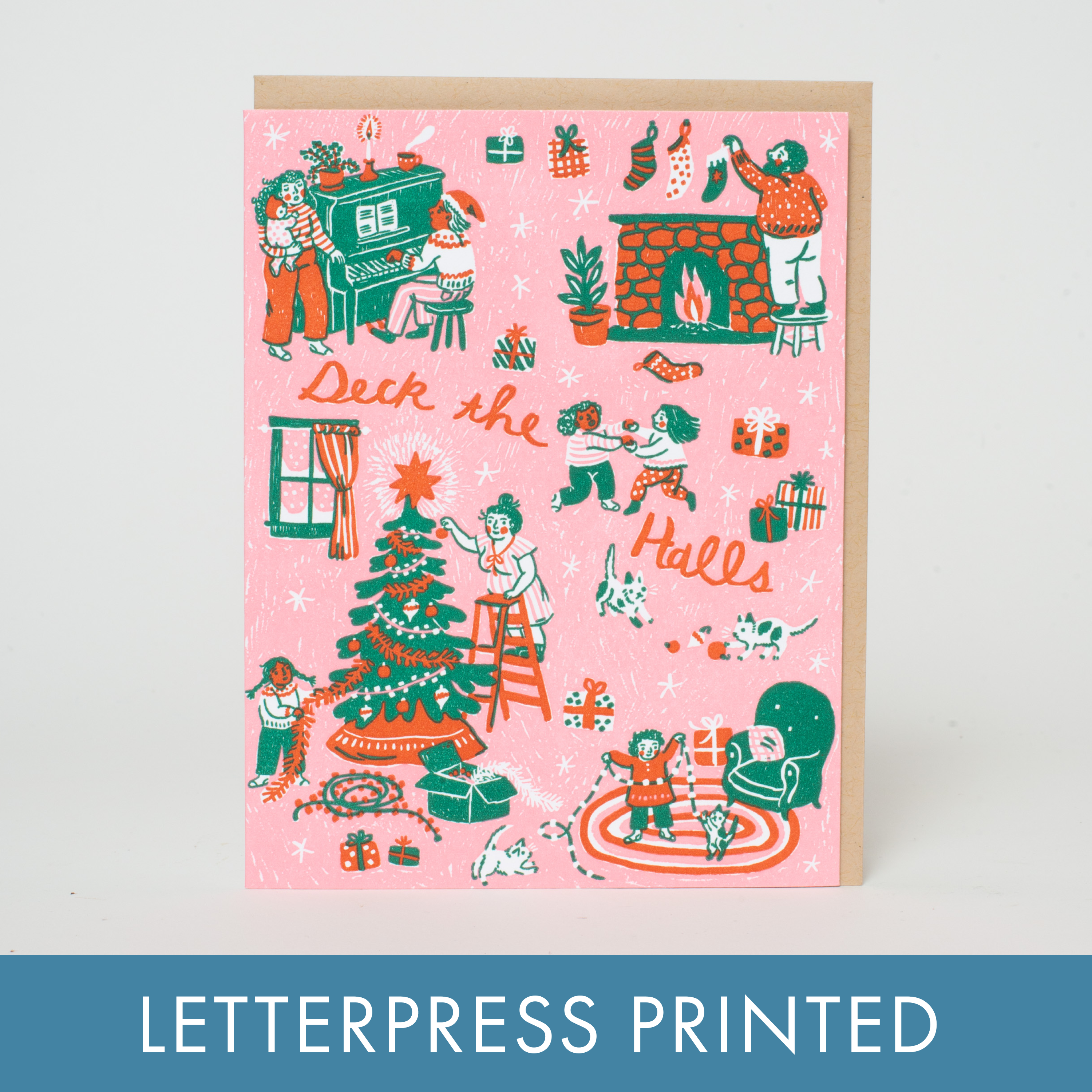Deck The Halls Christmas Letterpress Greeting Card by Phoebe Wahl: Plastic sleeve