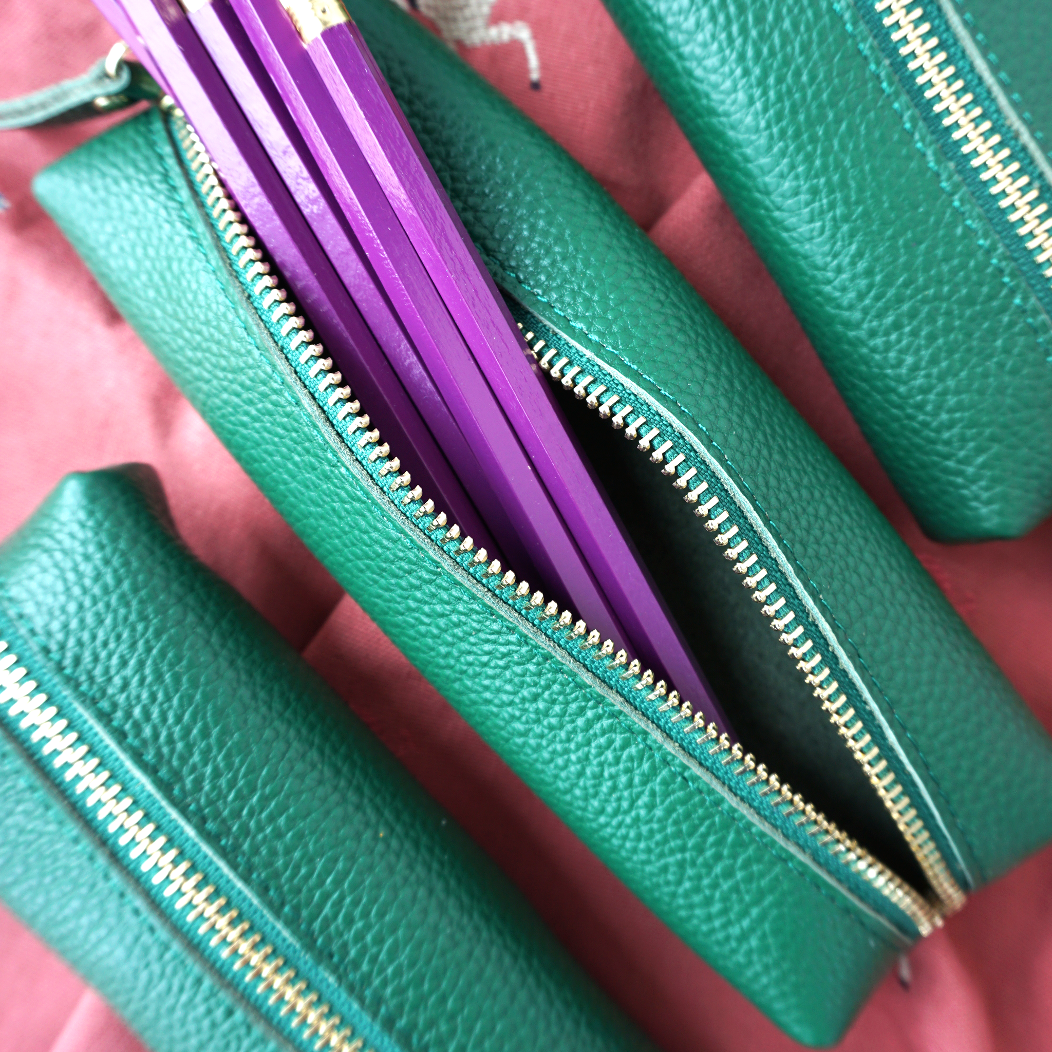 Genuine Pebble Leather Pencil Pouch - Green