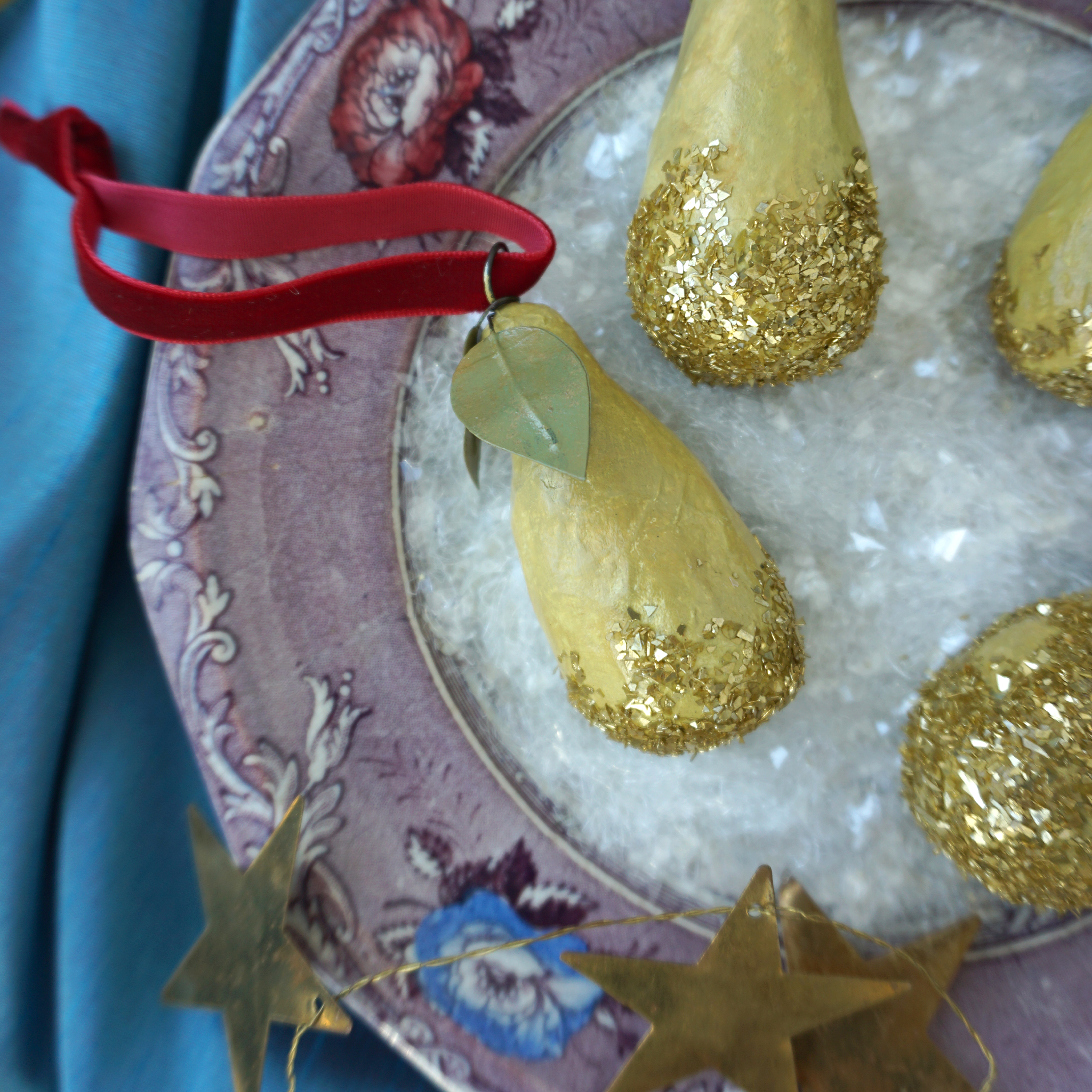 Paper Mache Pear- Green and Gold