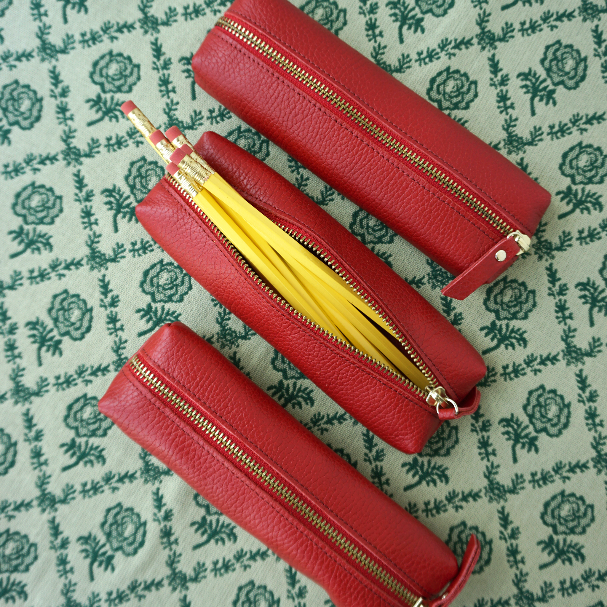 Genuine Pebble Leather Pencil Pouch - Red