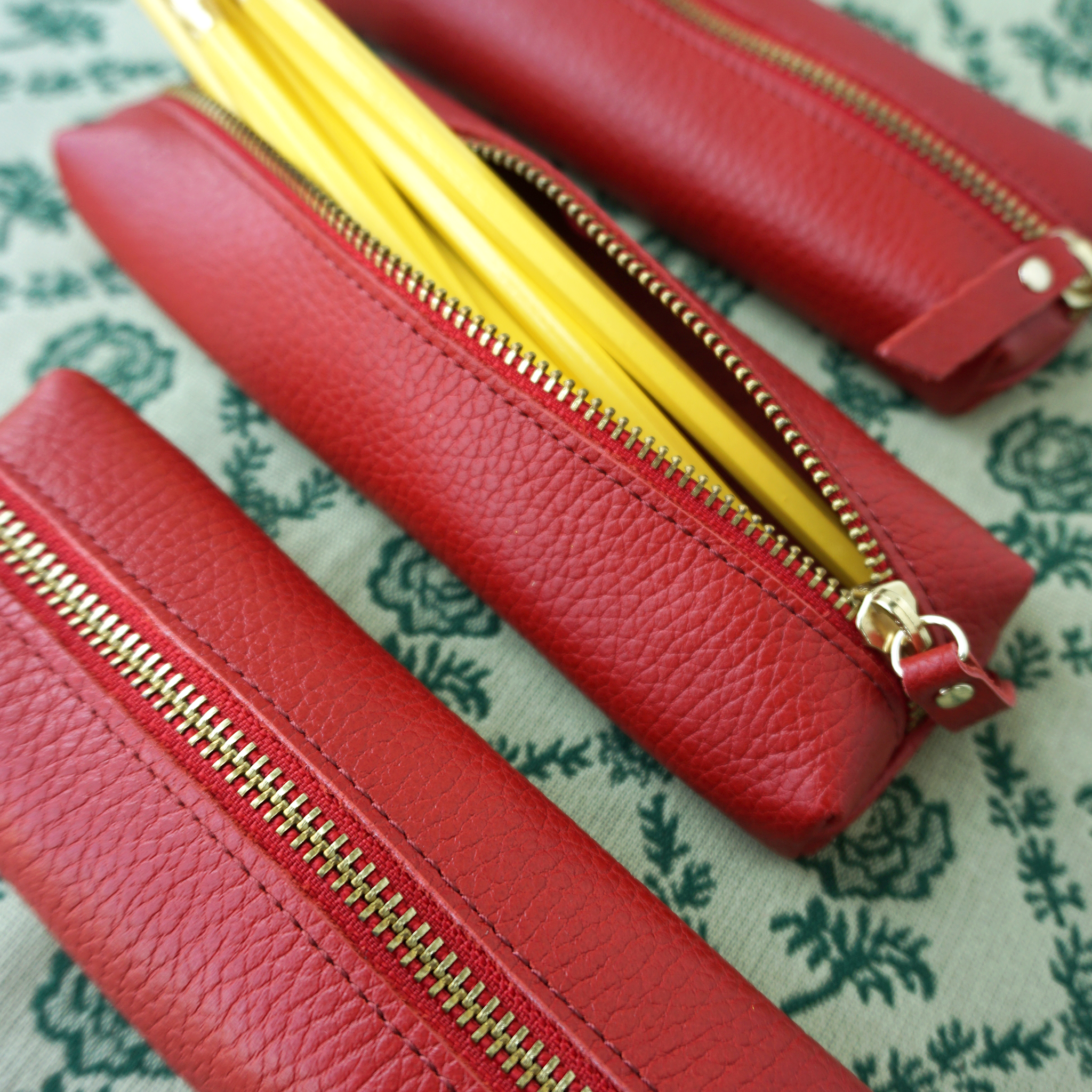 Genuine Pebble Leather Pencil Pouch - Red