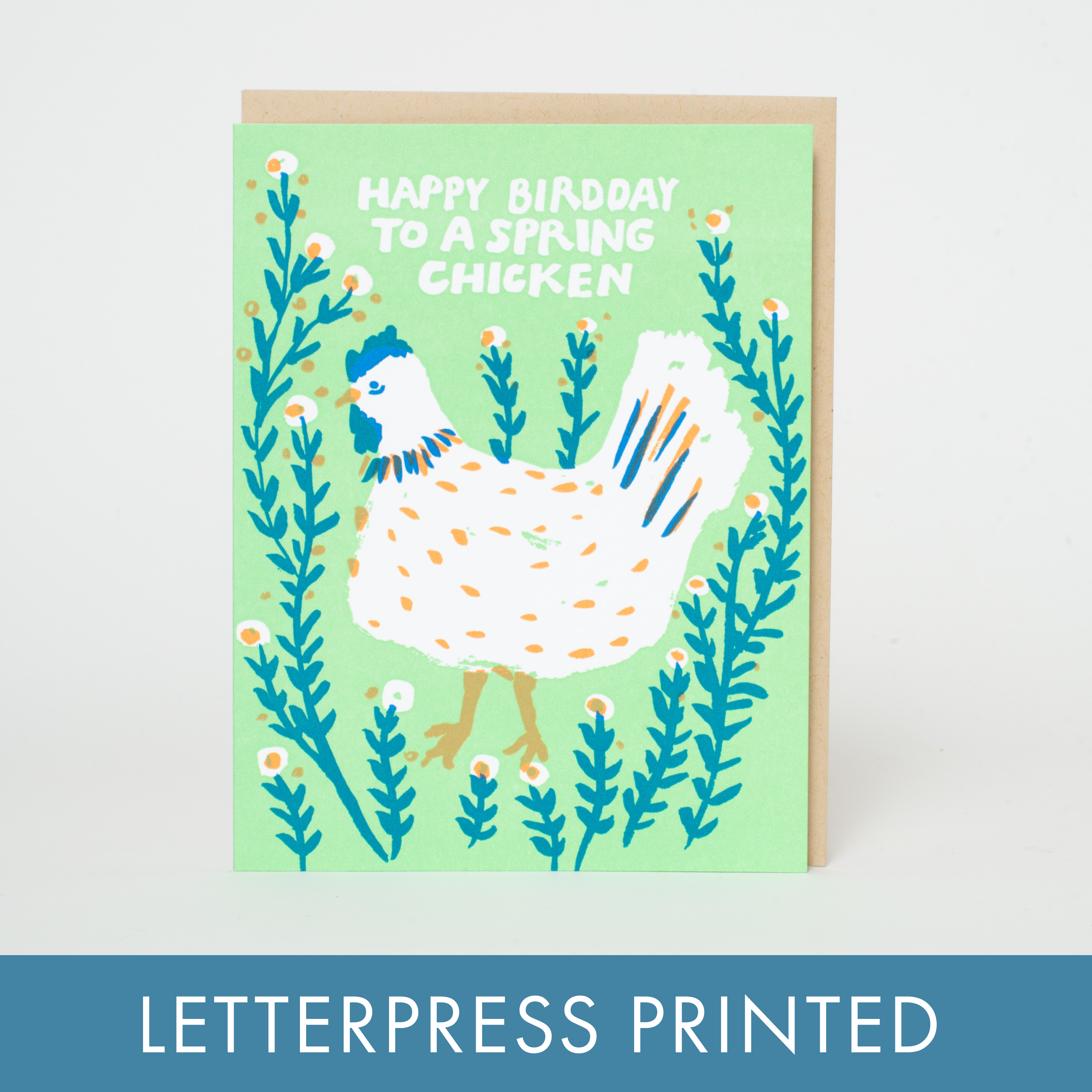 Spring Chicken Birthday Letterpress Greeting Card by Egg Press: Plastic sleeve