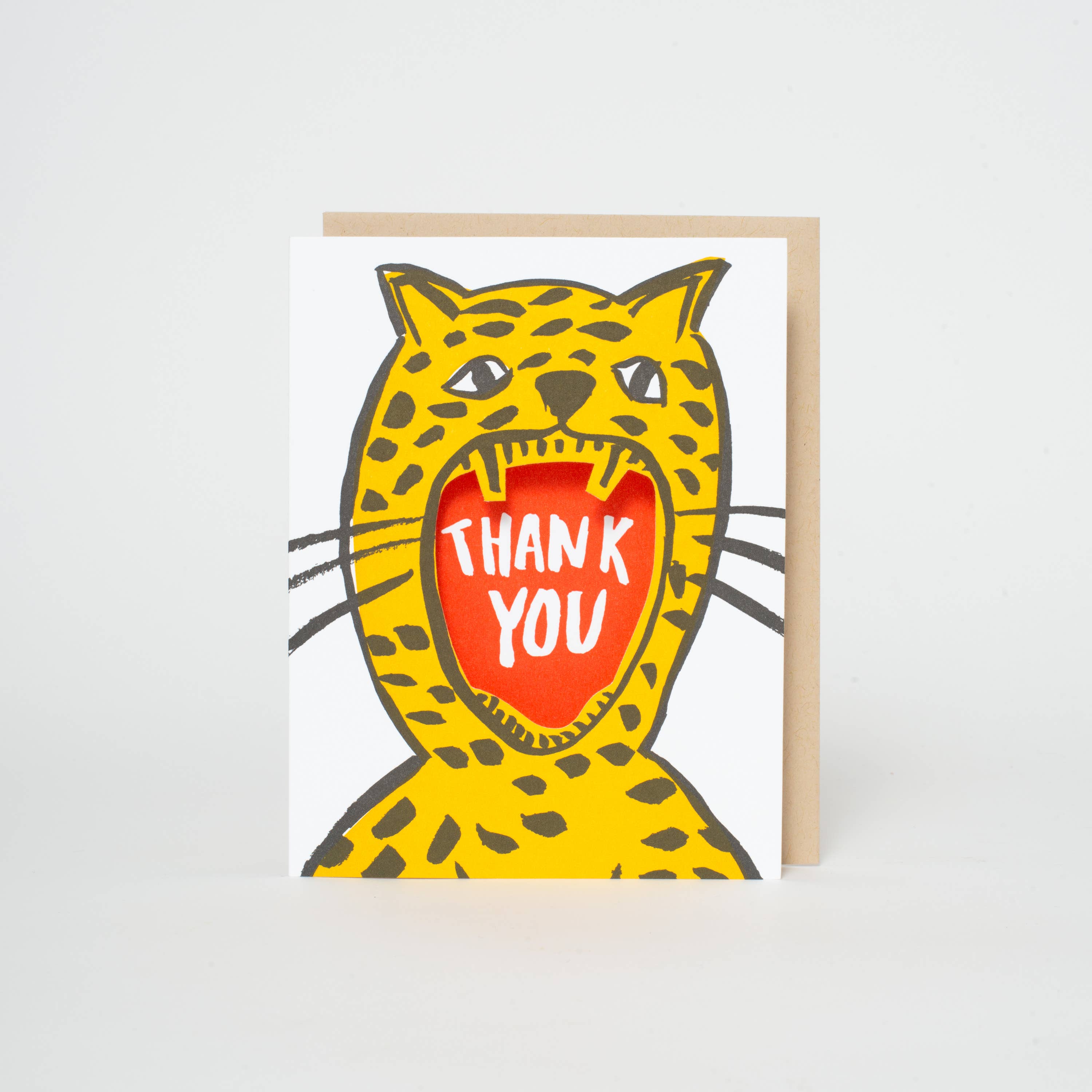 Thank You Cheetah Die-cut Letterpress Greeting Card by Egg Press: Plastic sleeve