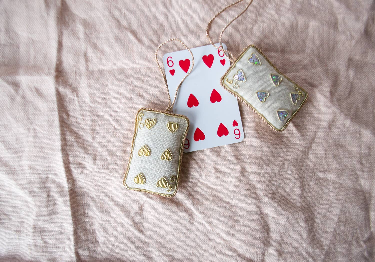 Handmade Valentine's Day Playing Card in Irish Linen: Gold hearts