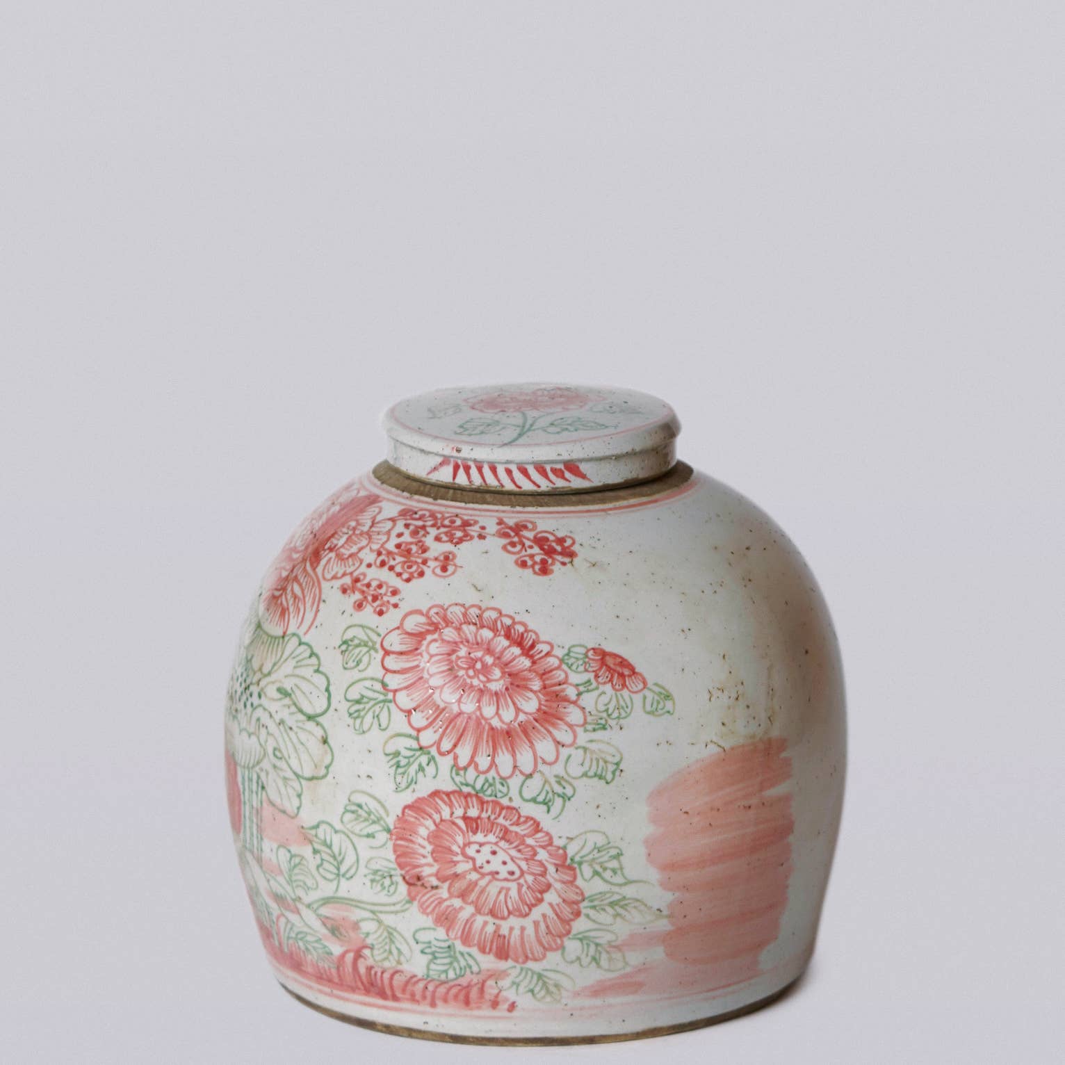 Pink and Green Porcelain Rustic Four Seasons Lidded Jar: Medium