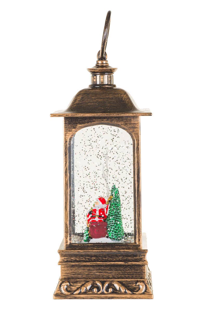 NEW-Bronze Led Lantern Snow Globe With Santa In Sleigh