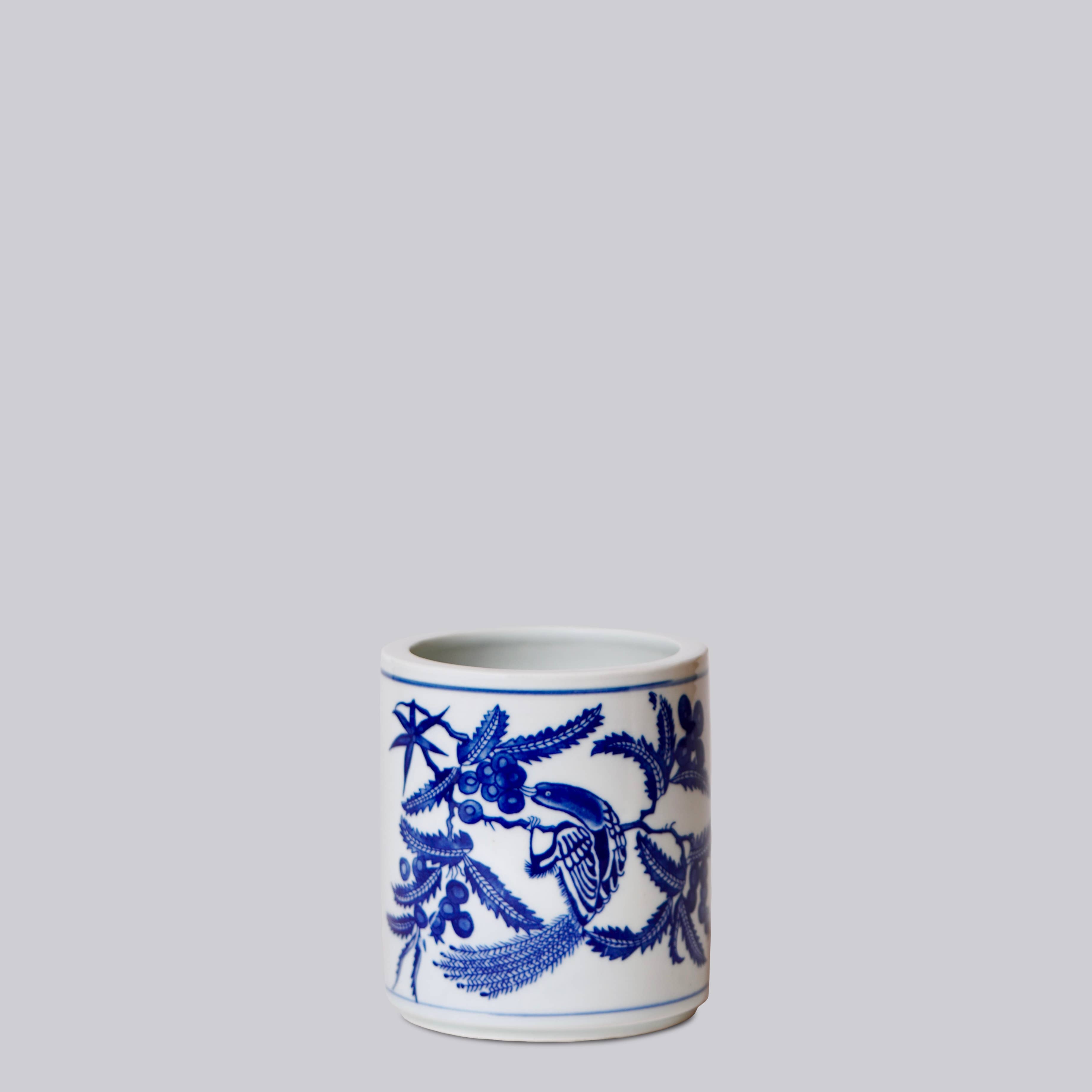 Tiny Blue and White Porcelain Bird and Flower Cachepot