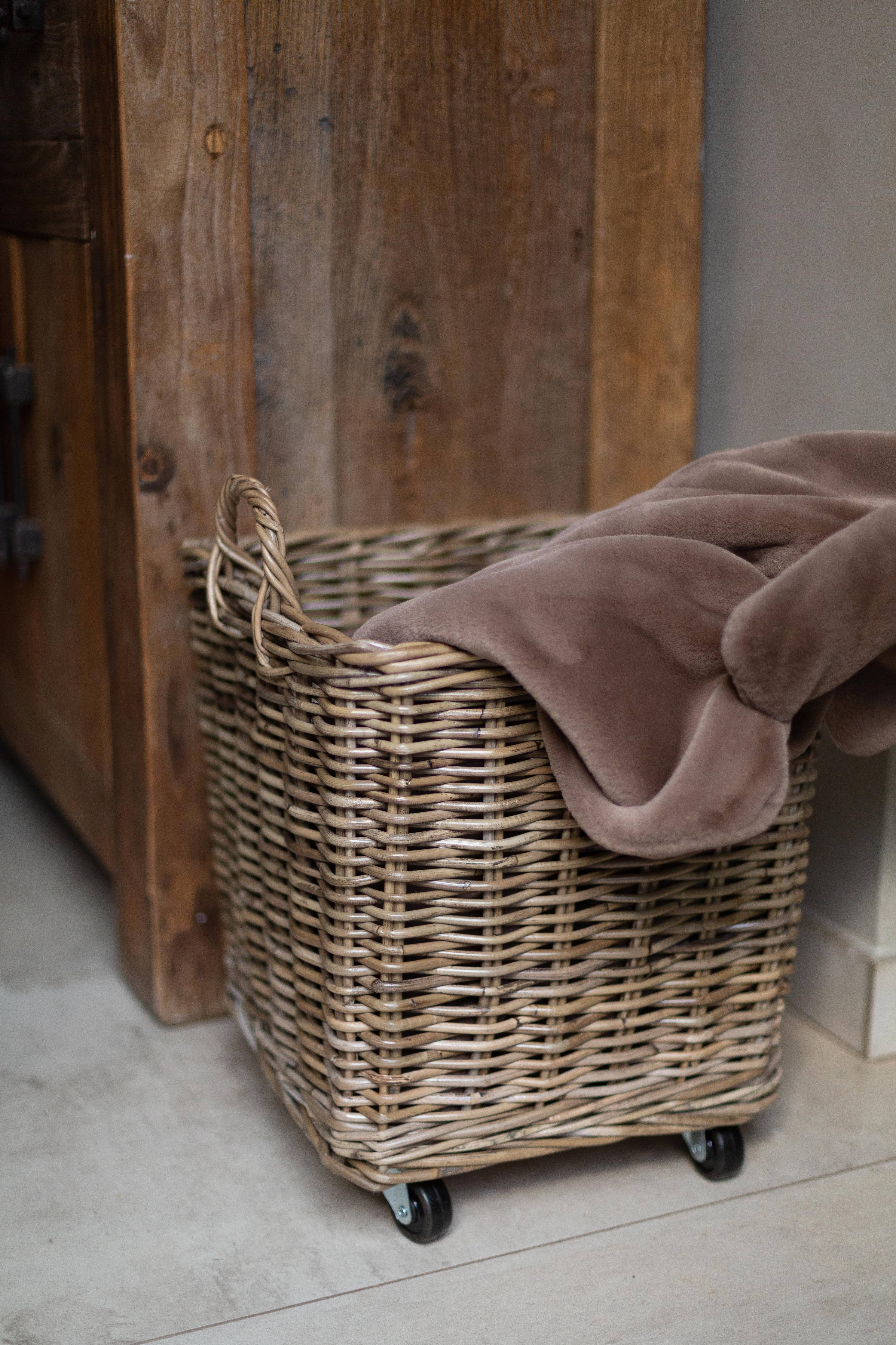 Rattan Square Storage Basket on Wheels: Medium - 19" H