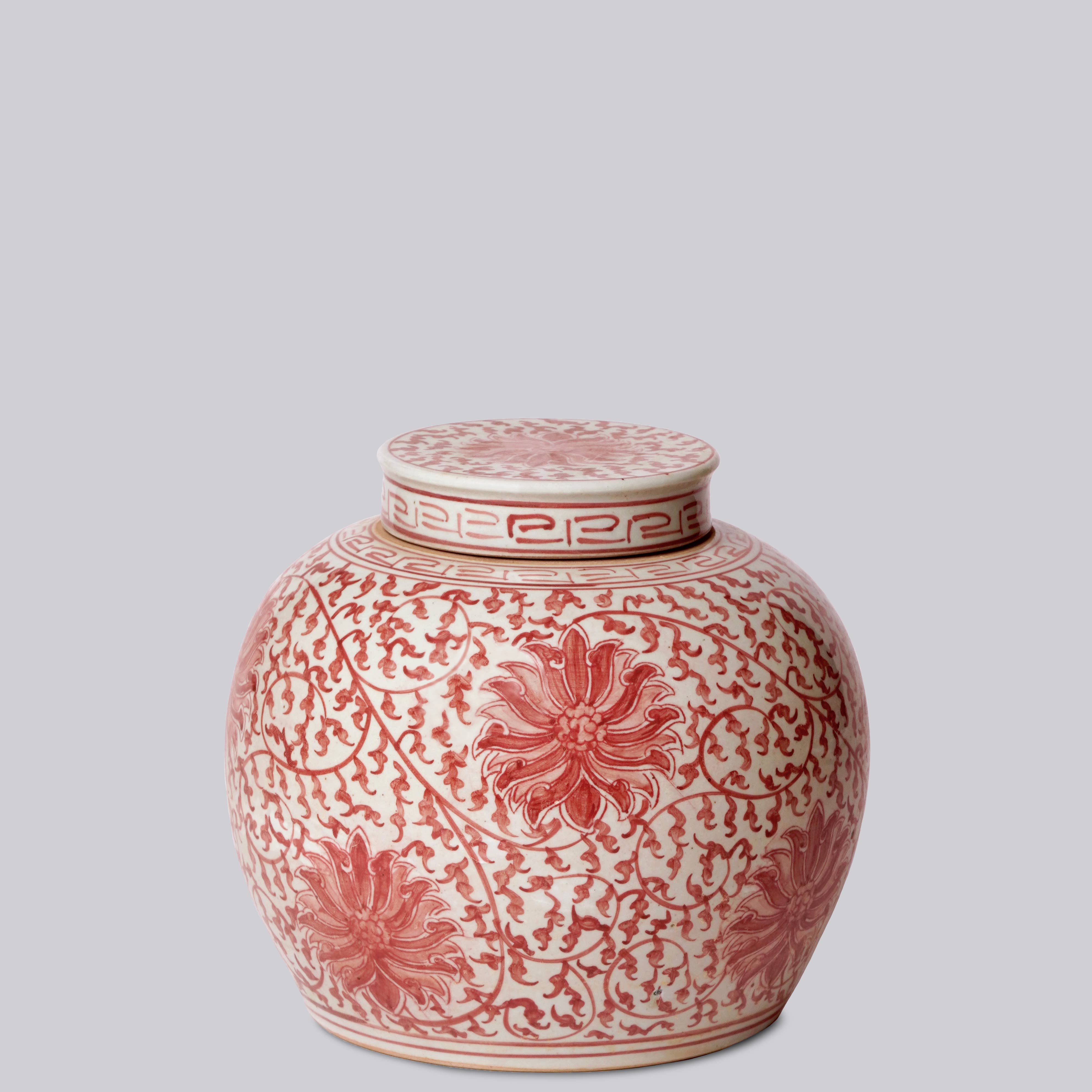 Red and White Porcelain Scrolling Lotus Round Lidded Jar