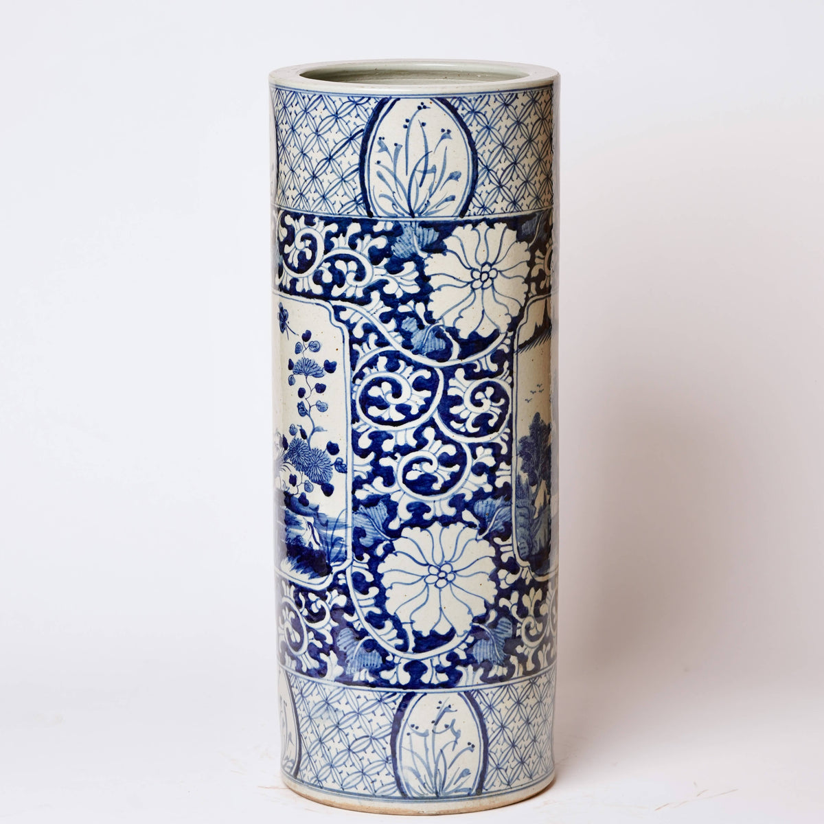 Large Blue and White Cartouche Porcelain Umbrella Stand