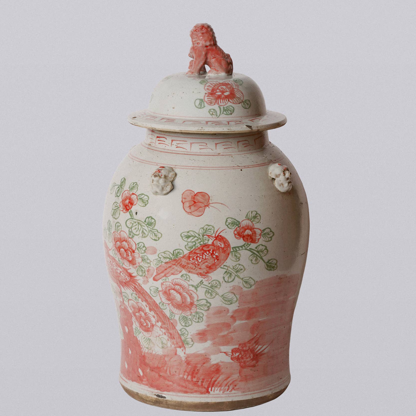 Extra Large Pink & Green Porcelain Bird & Flower Temple Jar