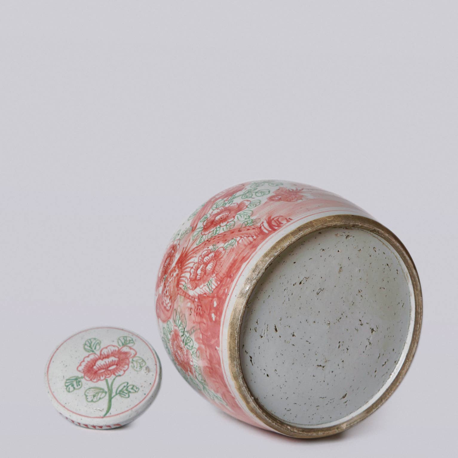 Pink and Green Porcelain Rustic Bird and Flower Lidded Jar: Medium