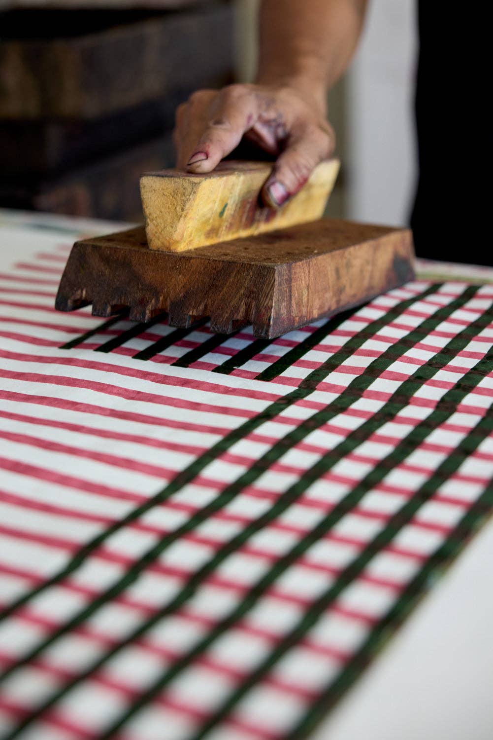 Block Printed Wrapping Paper Sheets - Gingham Holly Green