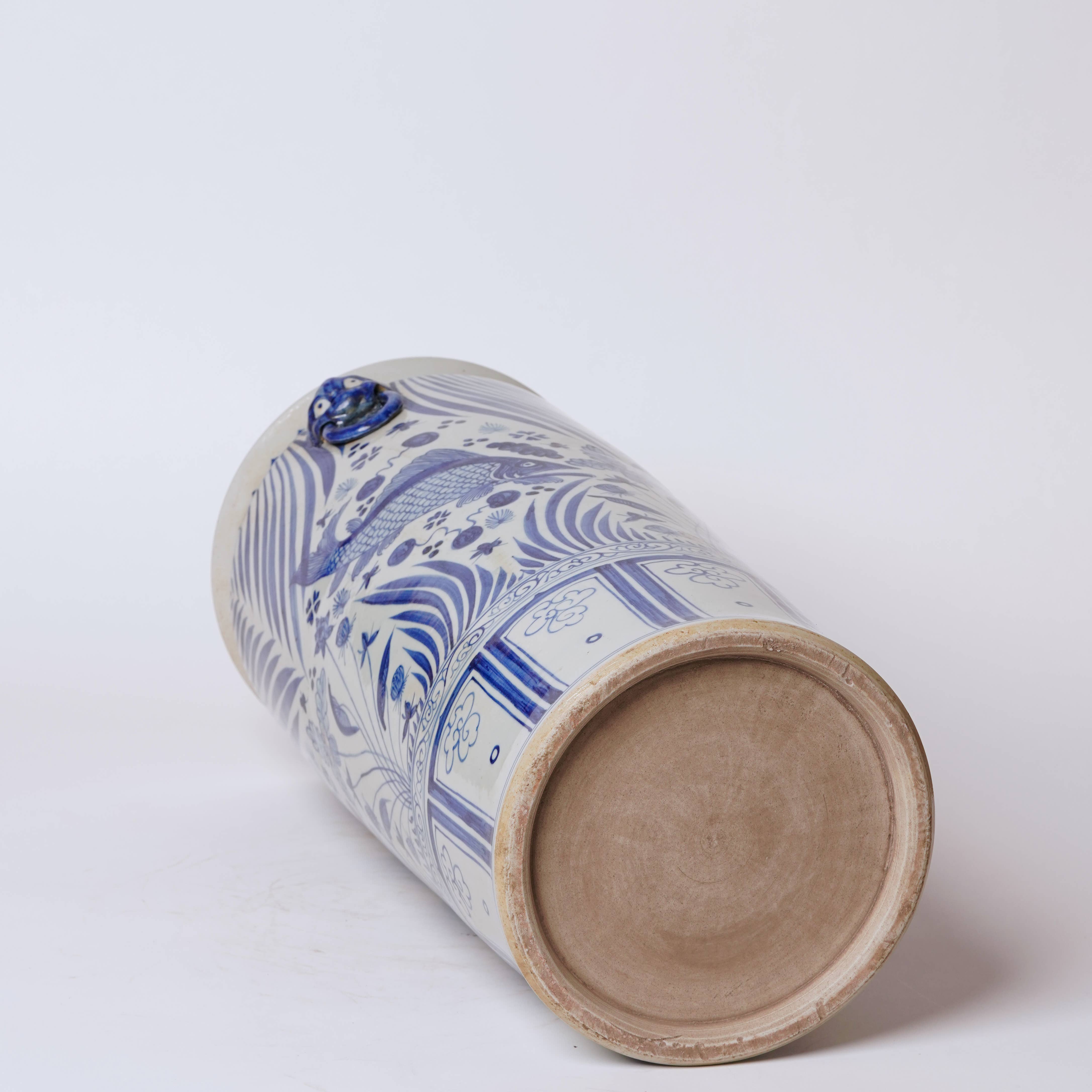 Tall Blue and White River Fish Porcelain Umbrella Stand