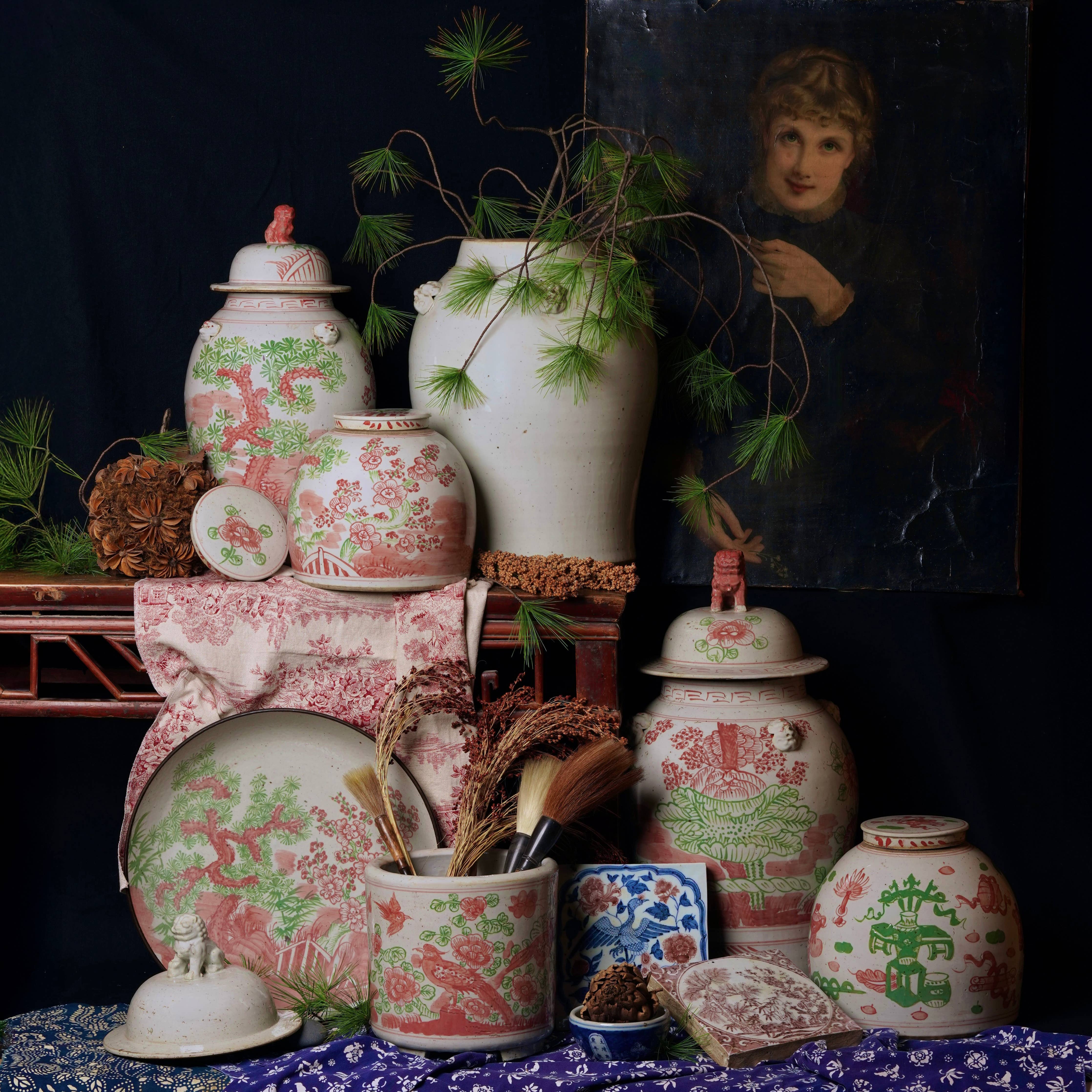 Pink and Green Porcelain Bird and Flower Footed Cachepot