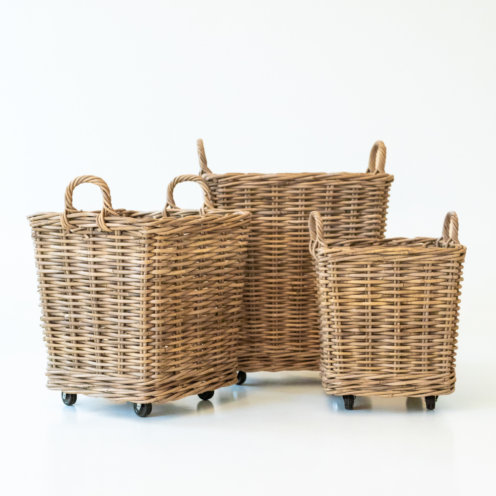 Rattan Square Storage Basket on Wheels: Medium - 19" H