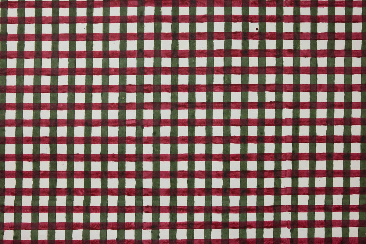 Block Printed Wrapping Paper Sheets - Gingham Holly Green