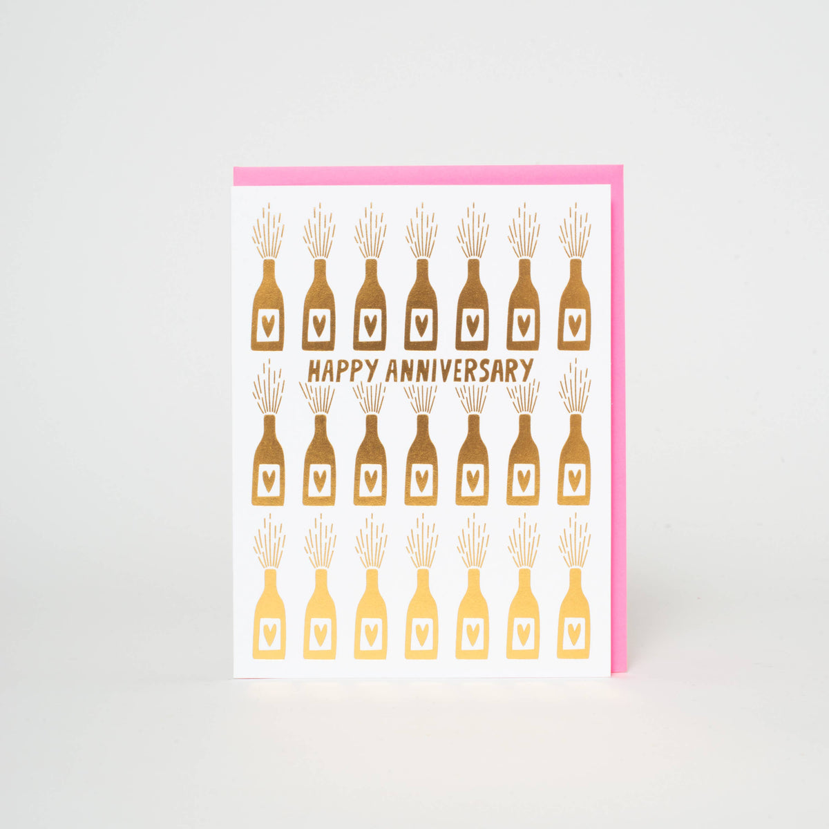 Anniversary Bottles Gold Foil Letterpress Greeting Card: Plastic sleeve