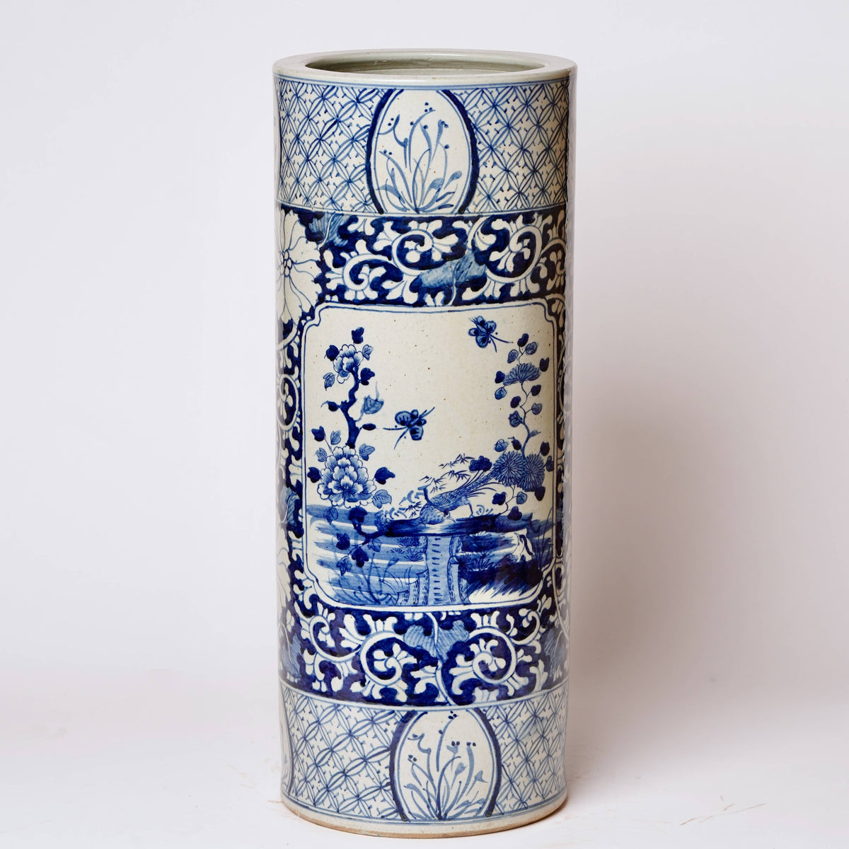 Large Blue and White Cartouche Porcelain Umbrella Stand