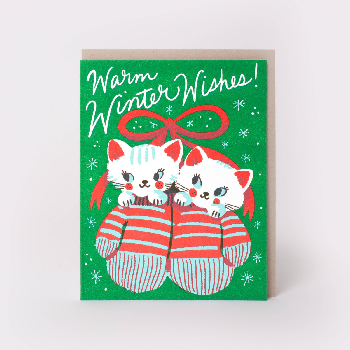 Warm Winter Wishes Kitten Mittens Letterpress Greeting Card: Plastic Sleeve