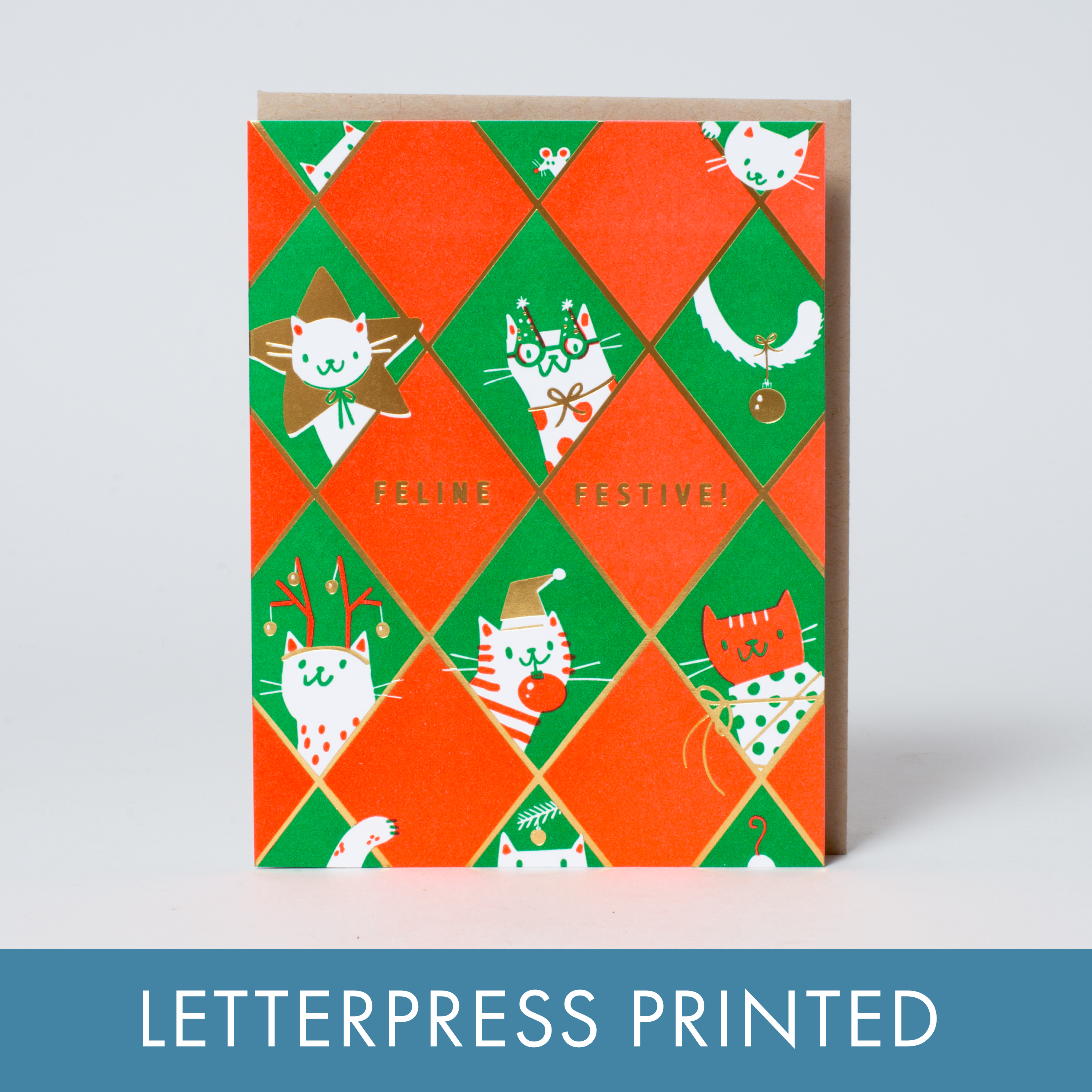 Feline Festive Holiday Letterpress Card by Hello!Lucky: Plastic sleeve