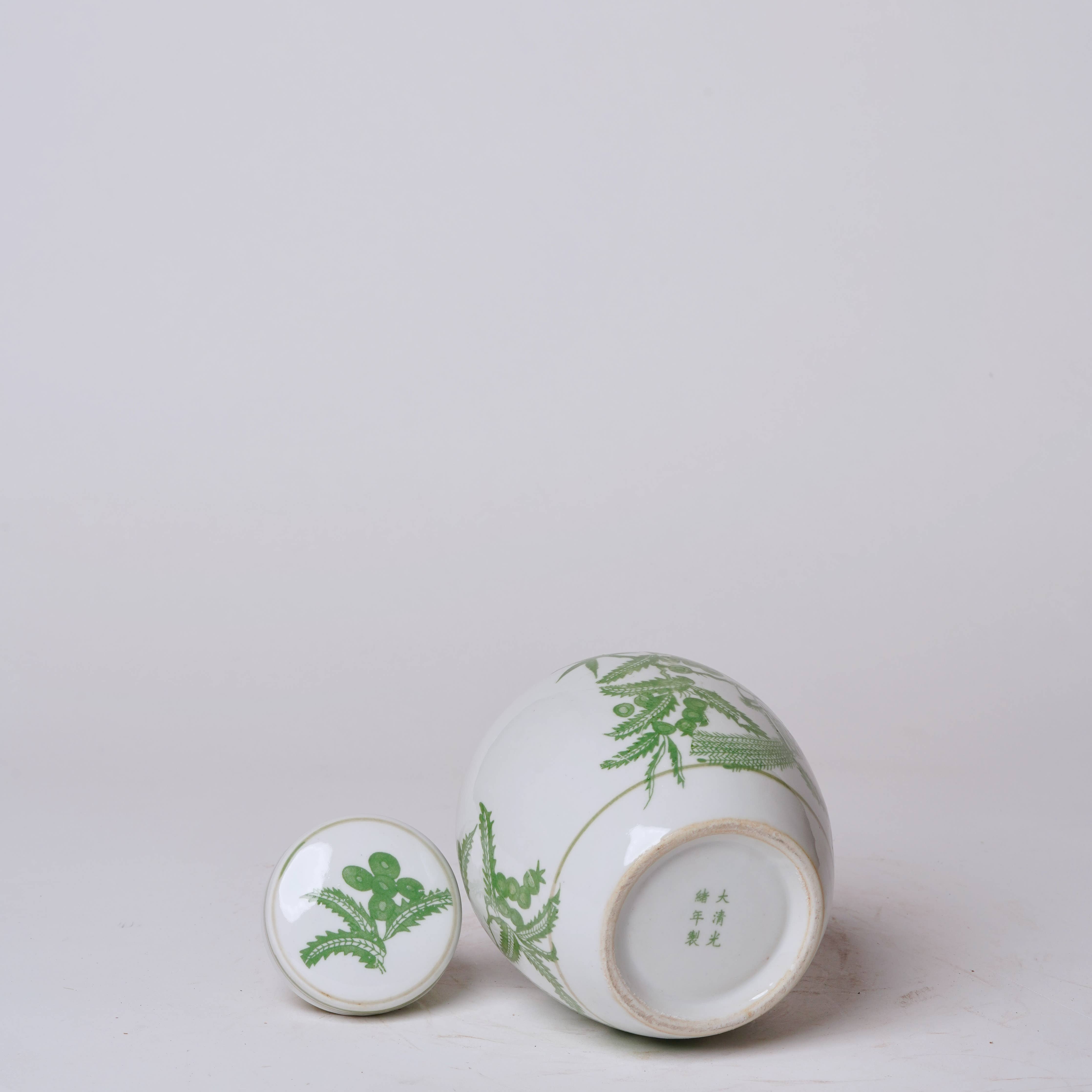 Green and White Porcelain Bird and Flower Round Jar