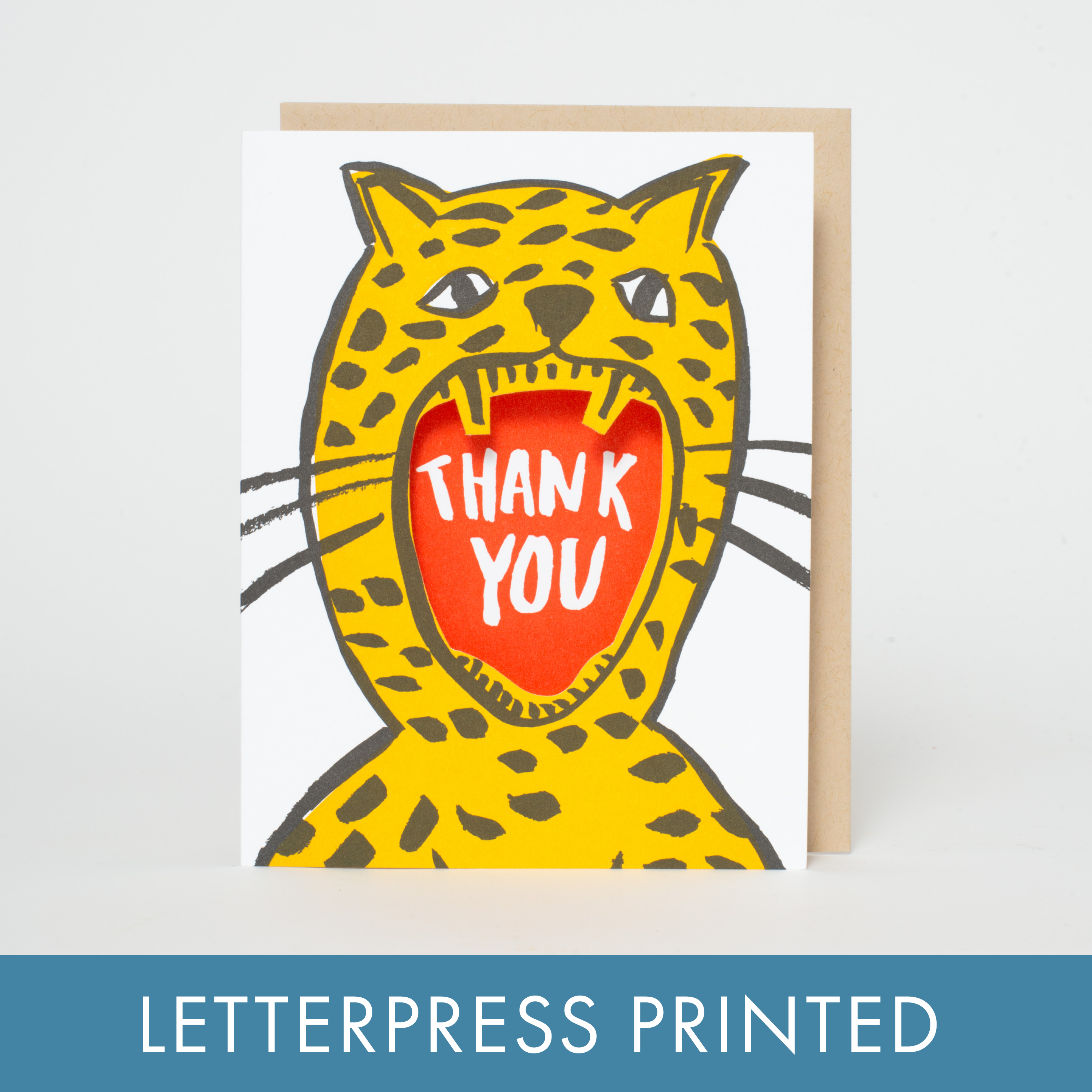 Thank You Cheetah Die-cut Letterpress Greeting Card by Egg Press: Plastic sleeve