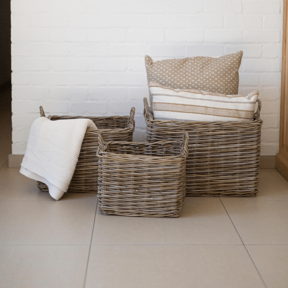 Rattan Rectangle Storage Basket with Handles: Medium - 35 cm H