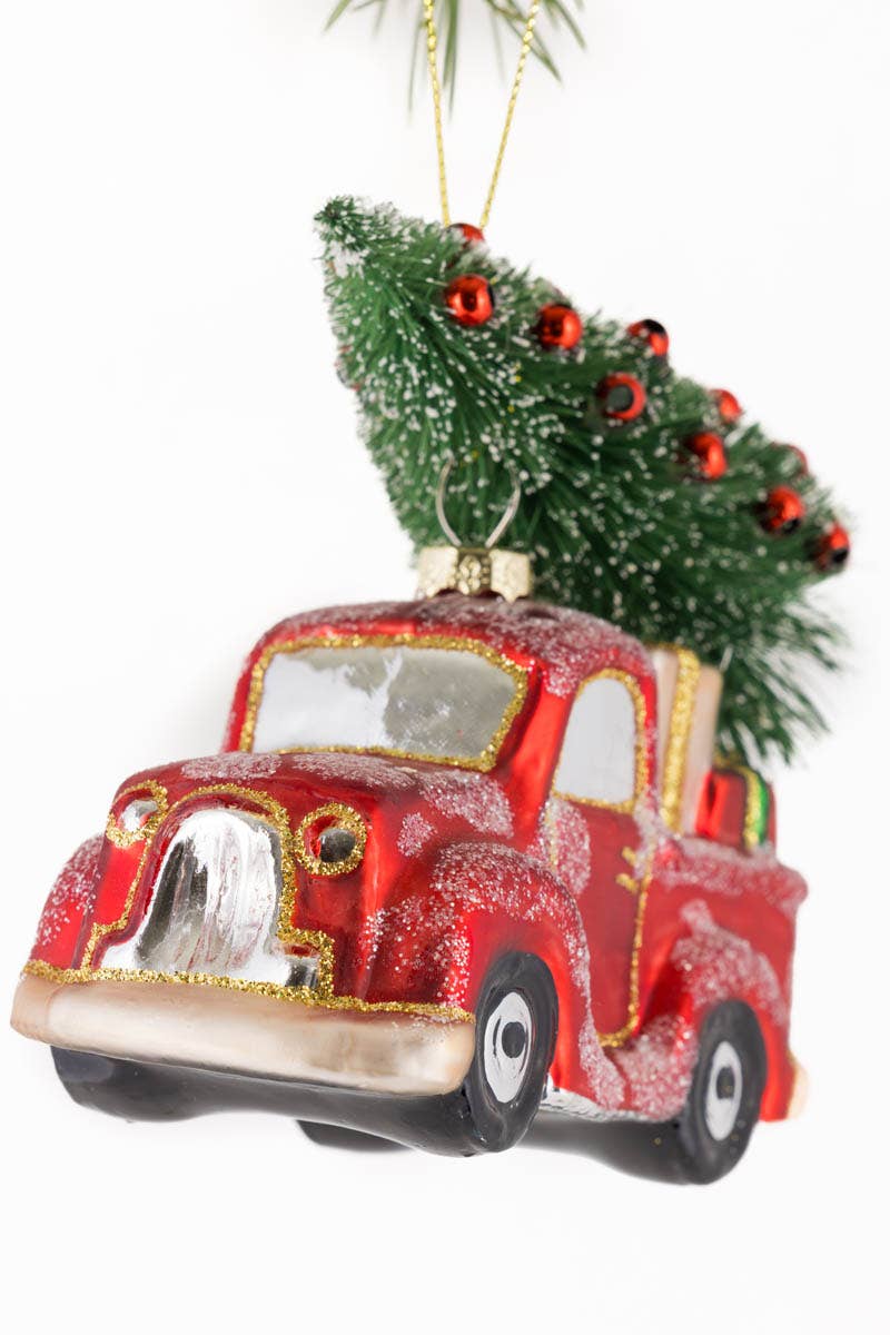 NEW-Red Pick-Up Truck Ornament Hauling Bottlebrush Tree
