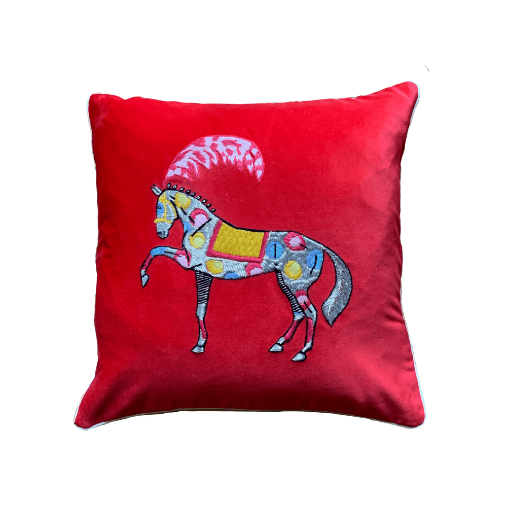 Spotty Horse Hand-embroidered Cushion - 41 x 41 cm