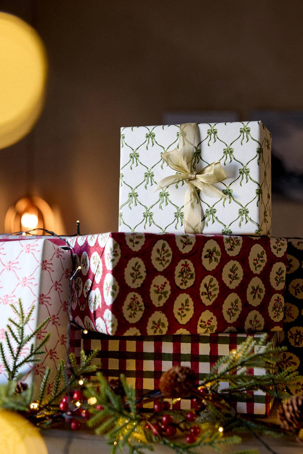 Block Printed Wrapping Paper Sheets - Gingham Holly Green