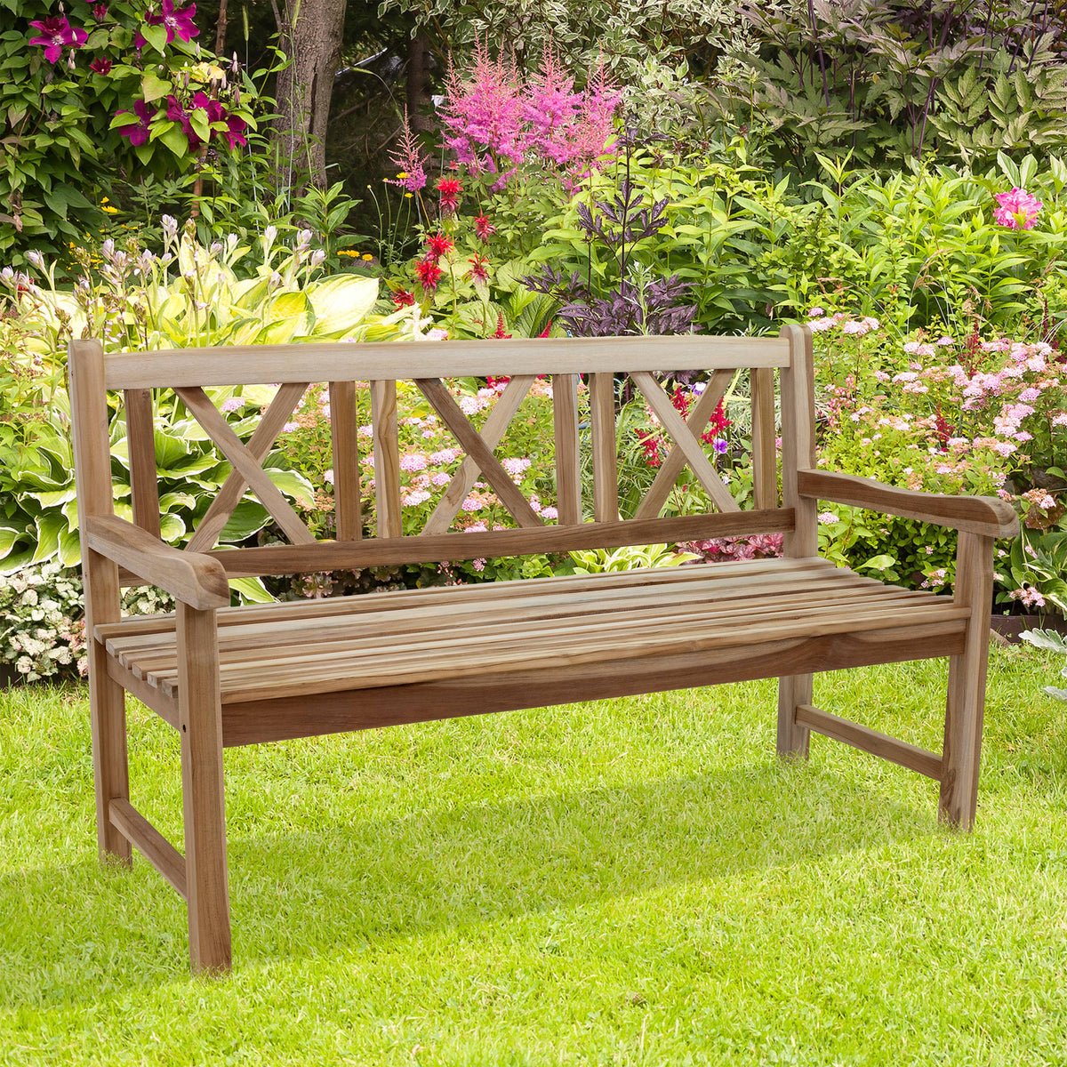 59-Inch Cross-Back Teak Patio Garden Bench with Backrest