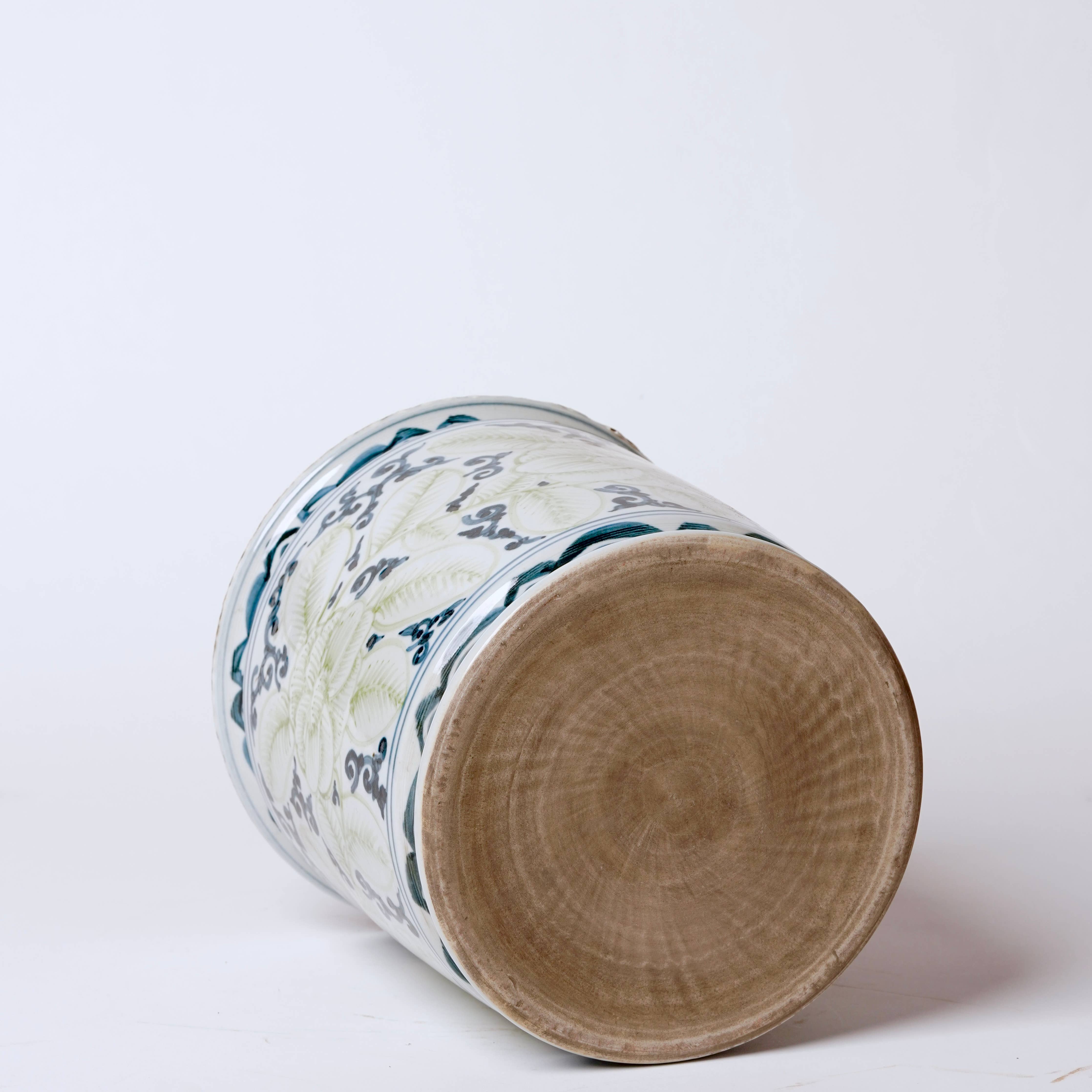 Rustic Blue and Green Floral Porcelain Cachepot