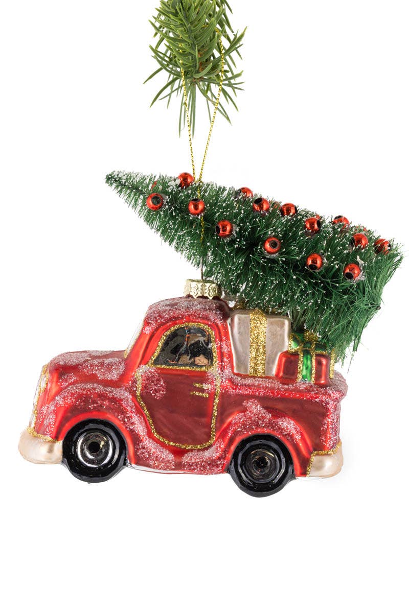 NEW-Red Pick-Up Truck Ornament Hauling Bottlebrush Tree