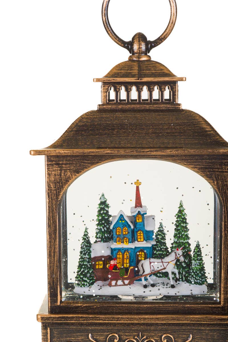NEW-Bronze Led Lantern Snow Globe With Winter Joyride