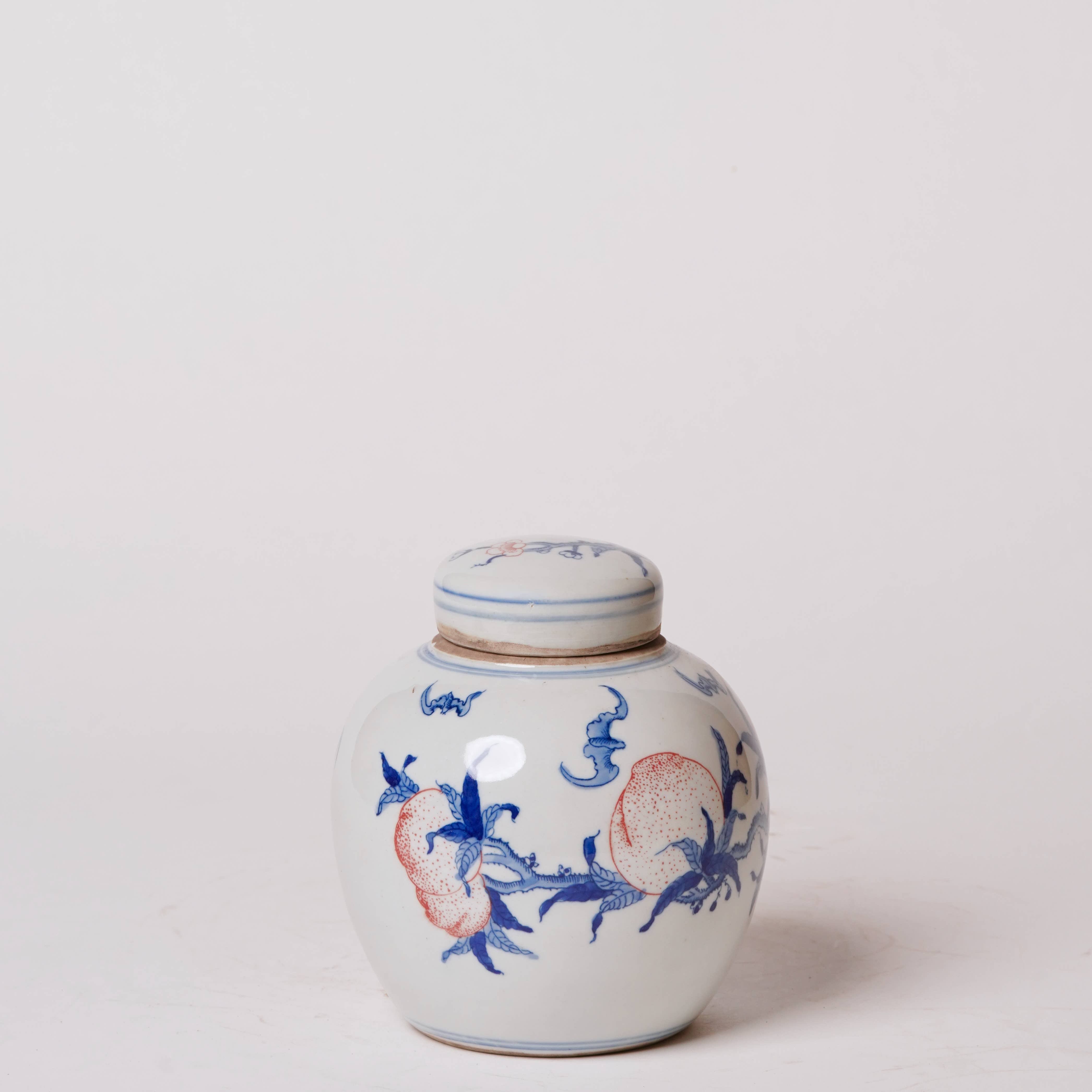 Red and Blue Porcelain Peach Round Storage Jar