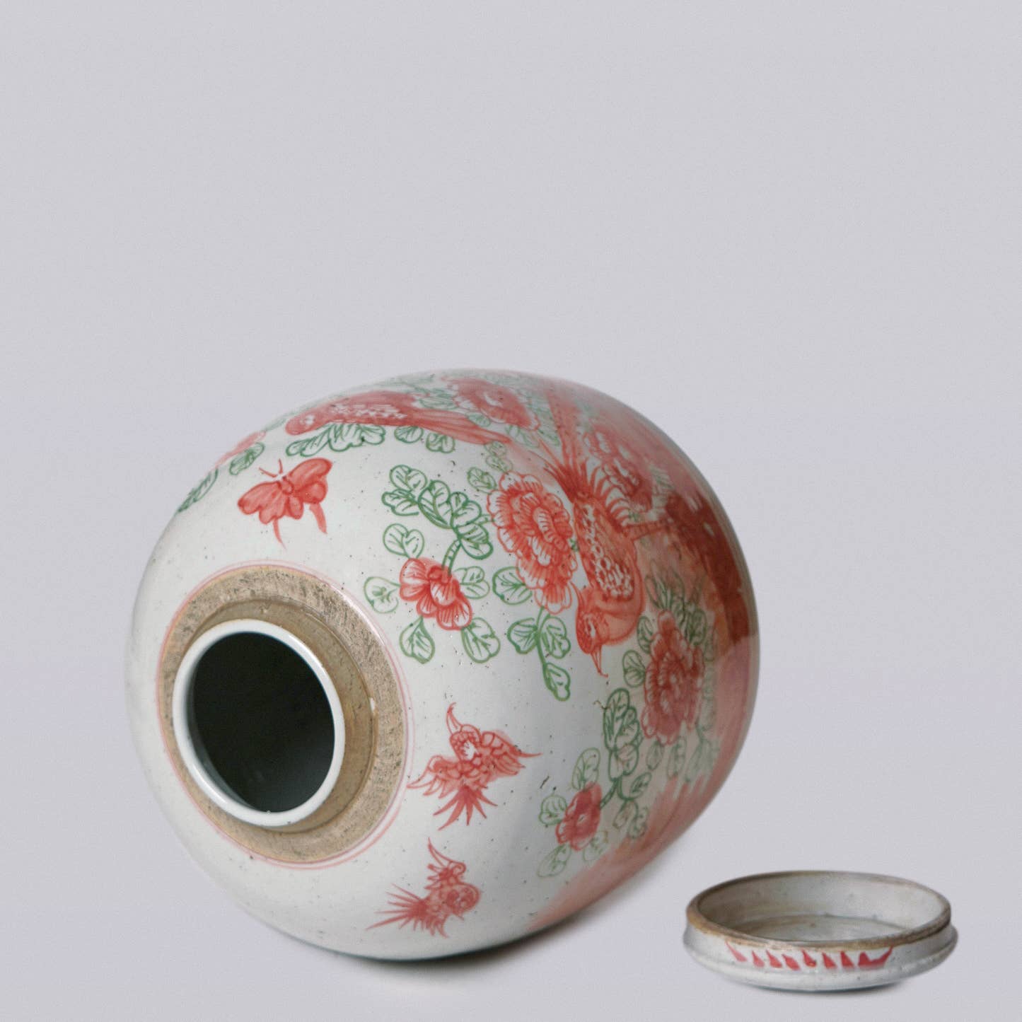 Pink and Green Porcelain Rustic Bird and Flower Lidded Jar: Medium